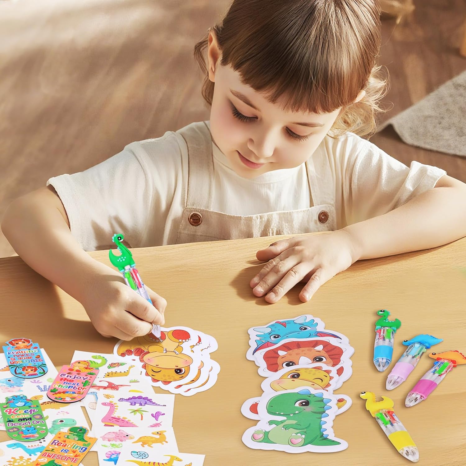 120Pcs Dinosaur Stationery Party Gift Back to School Supplies Prizes Dino 4-in-1 Ballpoint Pens Sticky Notes Stickers and Organza Animal Party Favors Goodie Bag Fillers for School Rewards