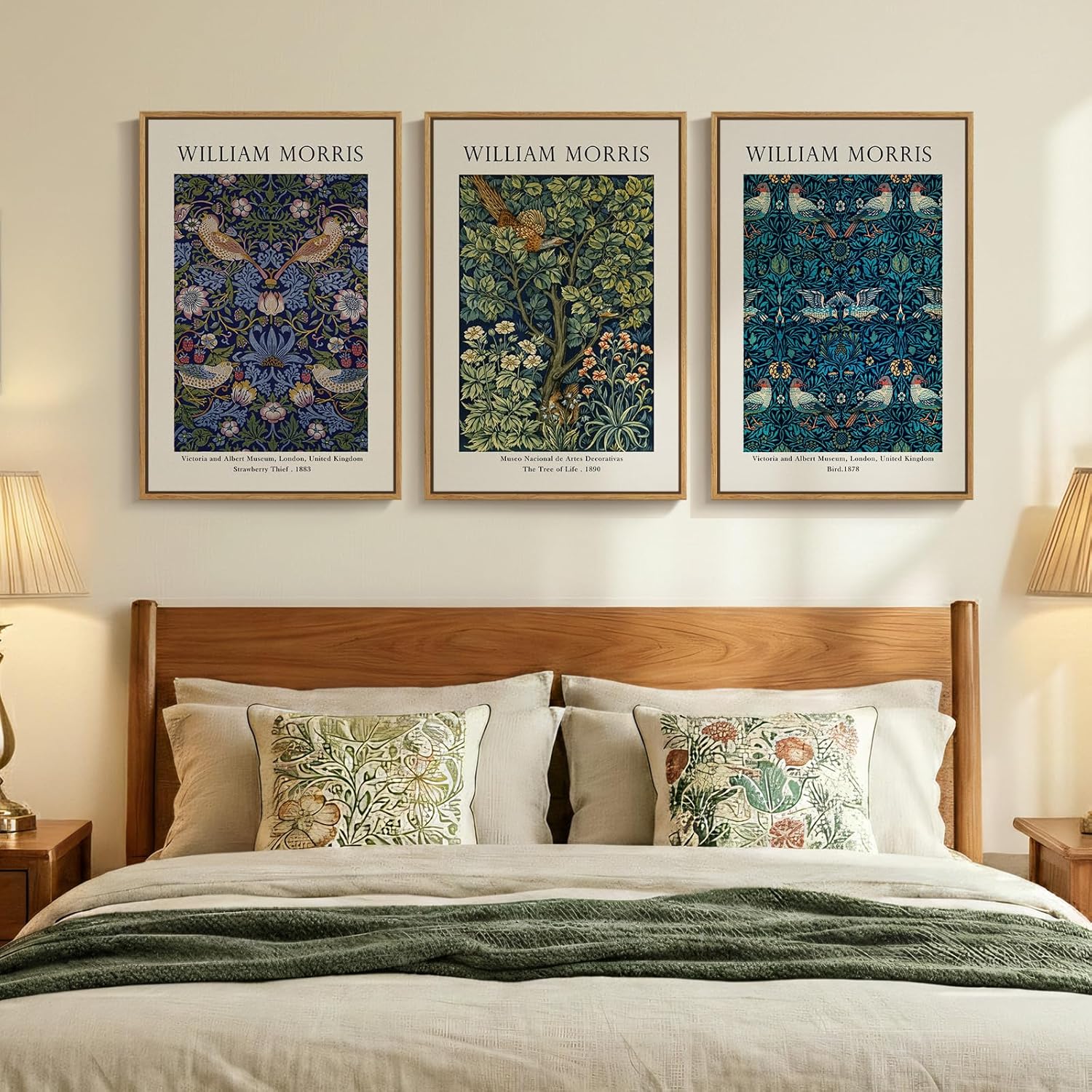 large framed vintage william morris wall art for living room, 3 pieces strawberry thief canvas artwork for walls, retro classic floral illustrations paintings pictures for bedroom, dining room, hallway, office wall decor, total size 30x60 in 20"w x 30" h x 3pcs blue-c