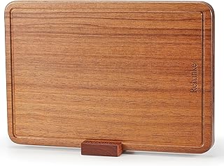 Solid Teak Wood Cutting Board One Piece Non Glued Thick Crack Resistant Wooden Chopping Board with DeepJuice Grooves Built in Handles for Kitchen Meat Vegetables Chese 14 X 9.5 Inch