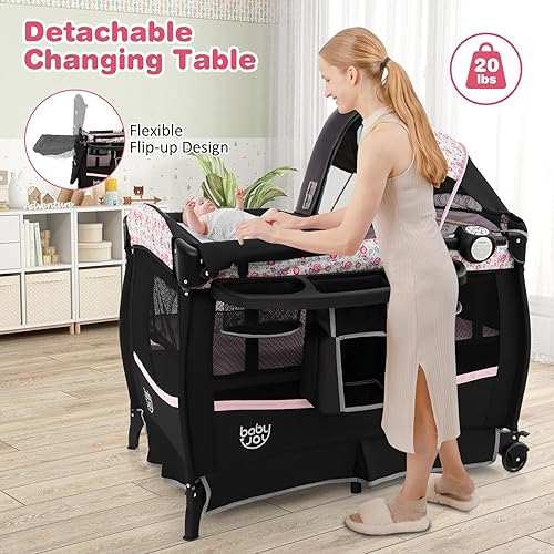 Miniatura 6 de BABY JOY 4 en 1 Pack and Play, corralito portátil para bebé con moisés y mesa cambiadora abatible, toldo, moisés infantil con cesta de
