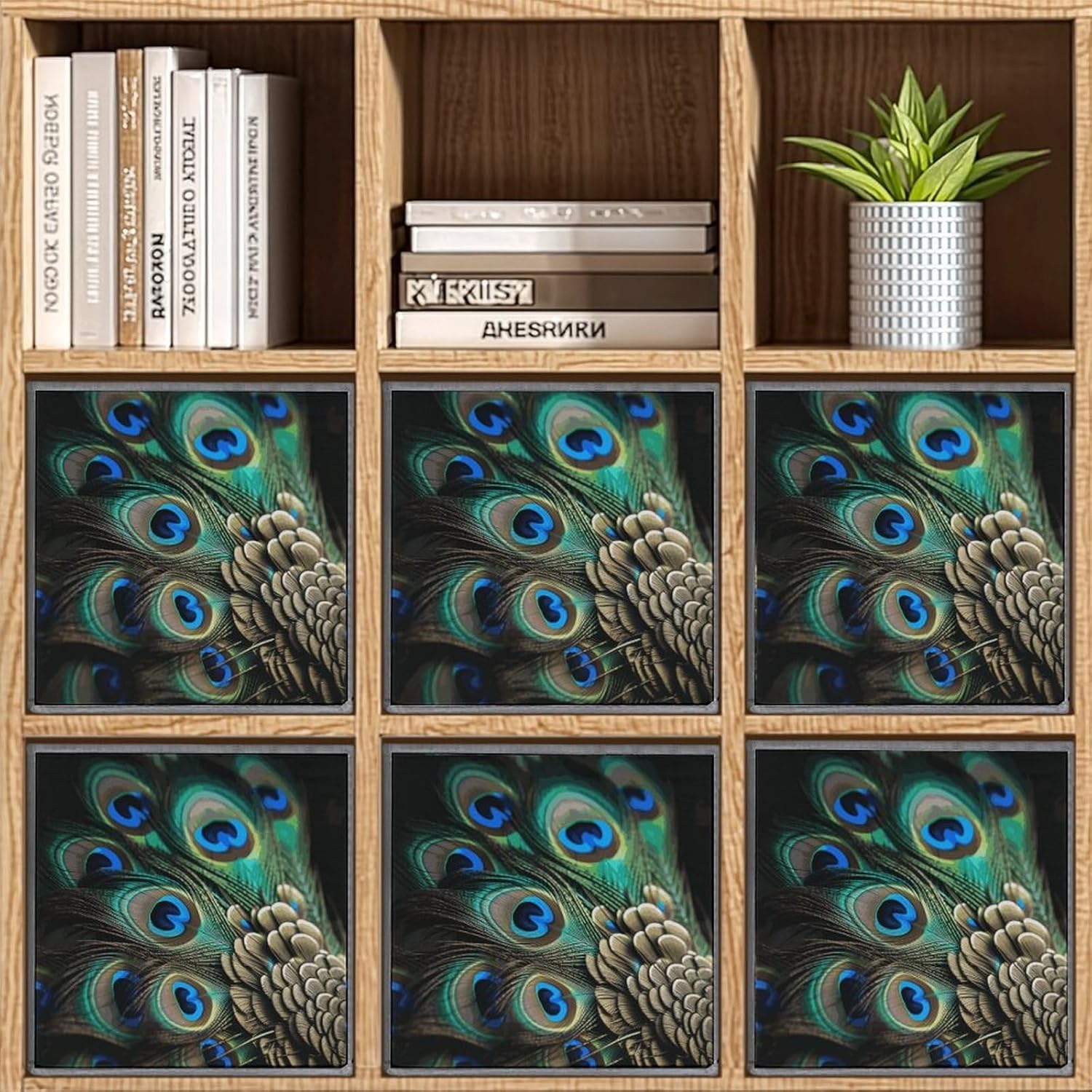 Peacock Feather Storage Cubes Set of 6 Storage Bins with Handles Collapsible Storage Basket Fabric Storage Box for Shelves Large Closet Shelf Organizer for Organization 11 Inch