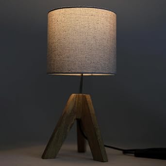 Tripod Table Lamp, Small Cute Bedside Lamp with Linen White Grey Lampshade, Nightstand Lamp for Nursery, Bedroom, Kid Room, Living Room, Light Brown Wooden Base