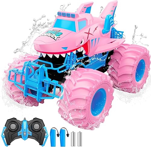 Coche de control remoto de tiburón impermeable, autos RC anfibios 116 2.4GHz 4WD todo terreno todoterreno Monster Trucks juguetes, camiones RC