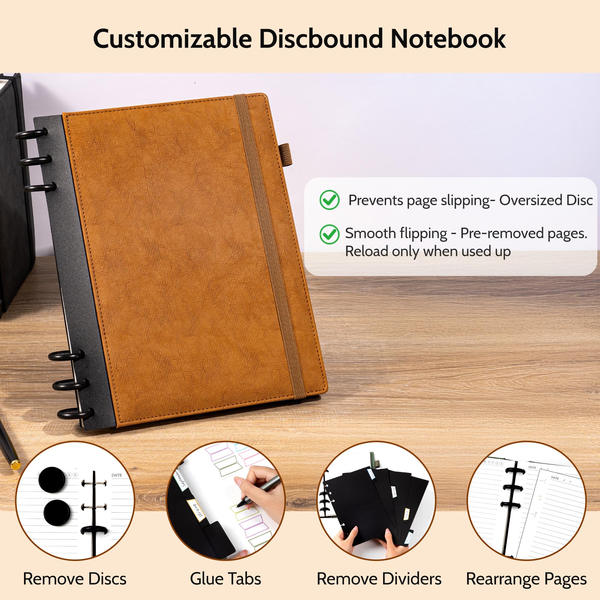 Cuadernos recargables para trabajo encuadernados en disco: cuaderno de tapa dura con 5 temas separadores, pestañas separables, diario grande con rayas universitarias, diario grande para escribir