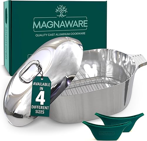 Miniatura 10 de Magnaware Horno holandés de aluminio fundido, olla ovalada holandesa con tapa para familias y fiestas, utensilios de cocina cajún ligeros con