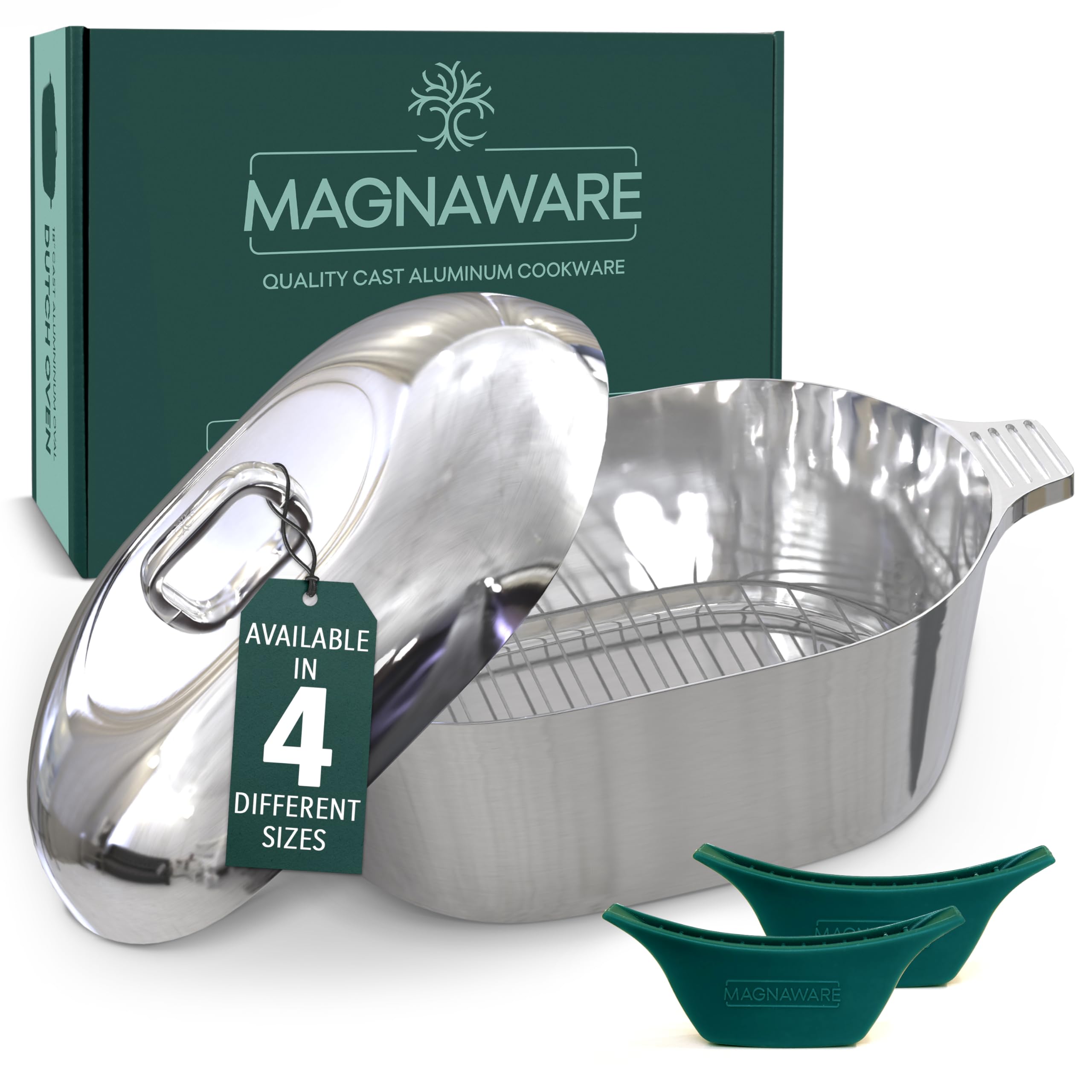 Cast Aluminum Oval Dutch Oven with Lid — 12.6 QT Heavy Duty Roaster Pan with Rack & Silicone Cover Dual Handles — Cajun Cookware for Roasting, Baking, Cooking (18" X-Large)