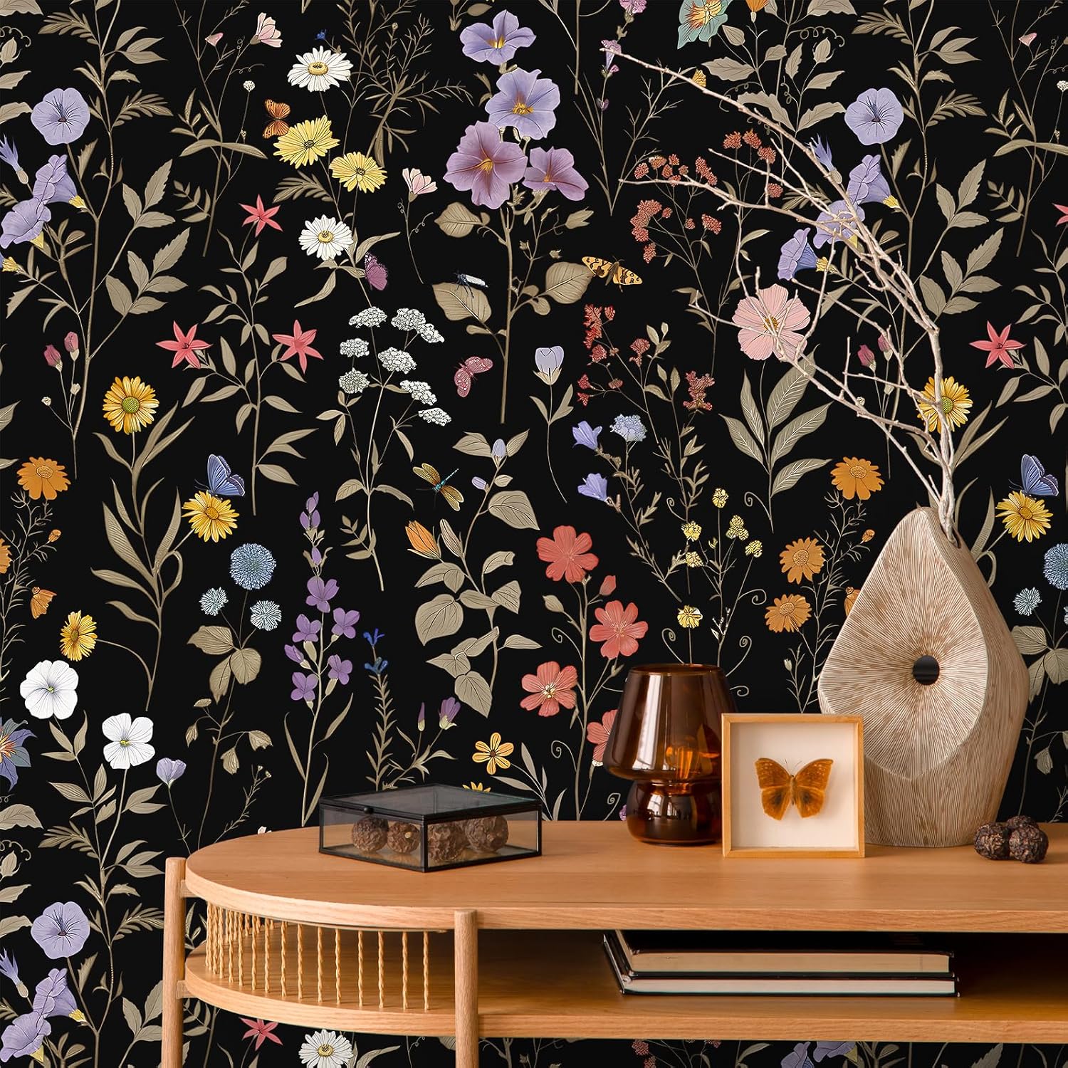 VEELIKE Vintage Black Wildflowers Peel and Stick Wallpaper Moody Floral Wallpaper for Bedroom Bathroom Farmhouse 17.7''x354'' Removable Botanical Wall Paper Floral Contact Paper for Walls Cabinets