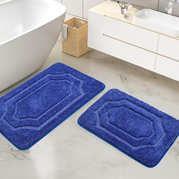 BEQHAUSE Bathroom-Rugs Non-Slip 2 Pieces Thick Absorbent Bath Mats for Bathroom 20" x 32" Plus 16" x 24" Navy Blue