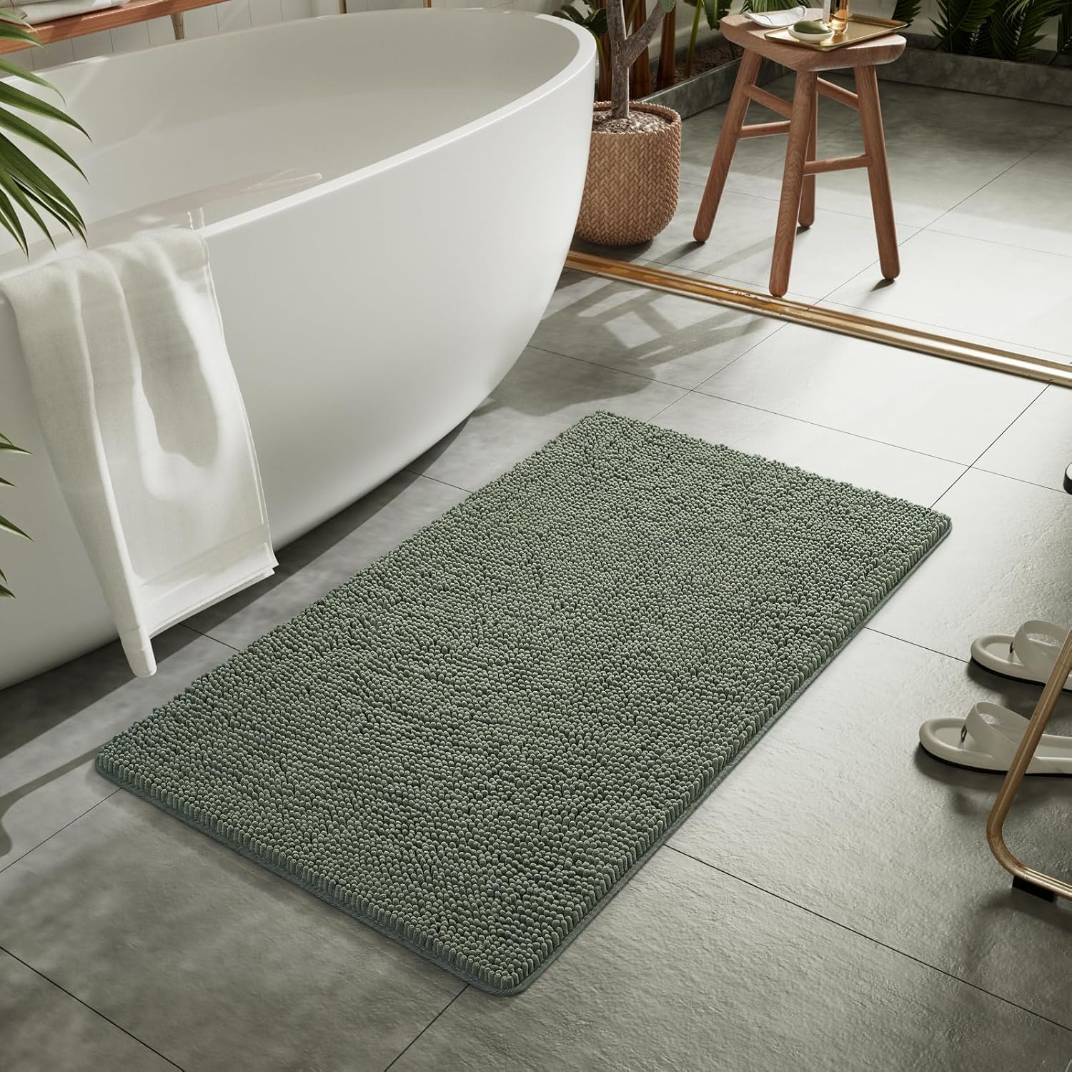 LOCHAS Luxury Bathroom Rug Shaggy Bath Mat 24 x 44 Inch, Washable Non Slip Bath Rugs for Bathroom Shower, Soft Plush Chenille Absorbent Carpets Mats, Sage Green - Image 7