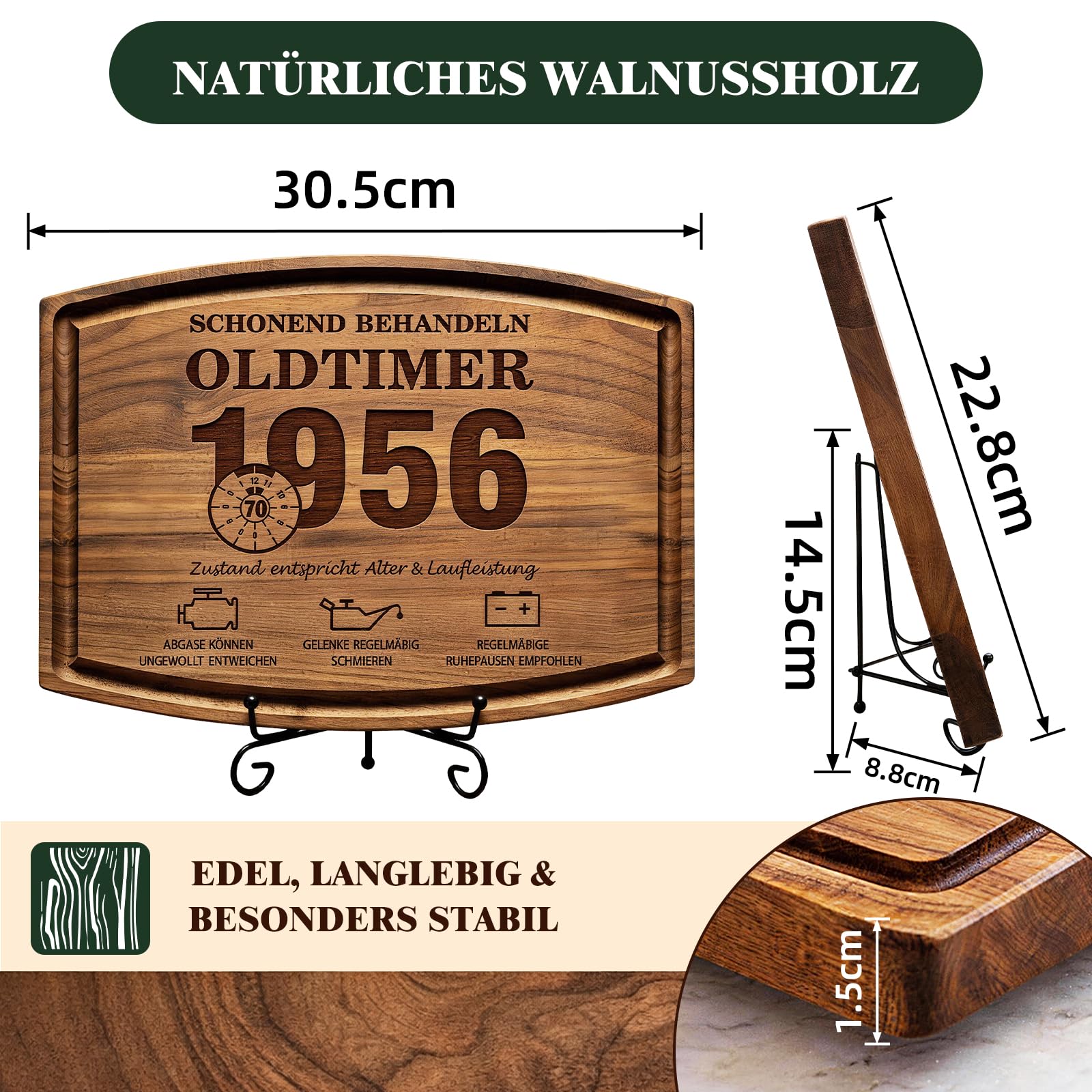 Giftota Geschenke zum 70. Geburtstag Mann - Schneidebrett aus Walnussholz mit Ständer Saftrille - Geburtstagsgeschenk für Papa Opa Ehemann Freund - Schonend Behandeln 1956 Oldtimer