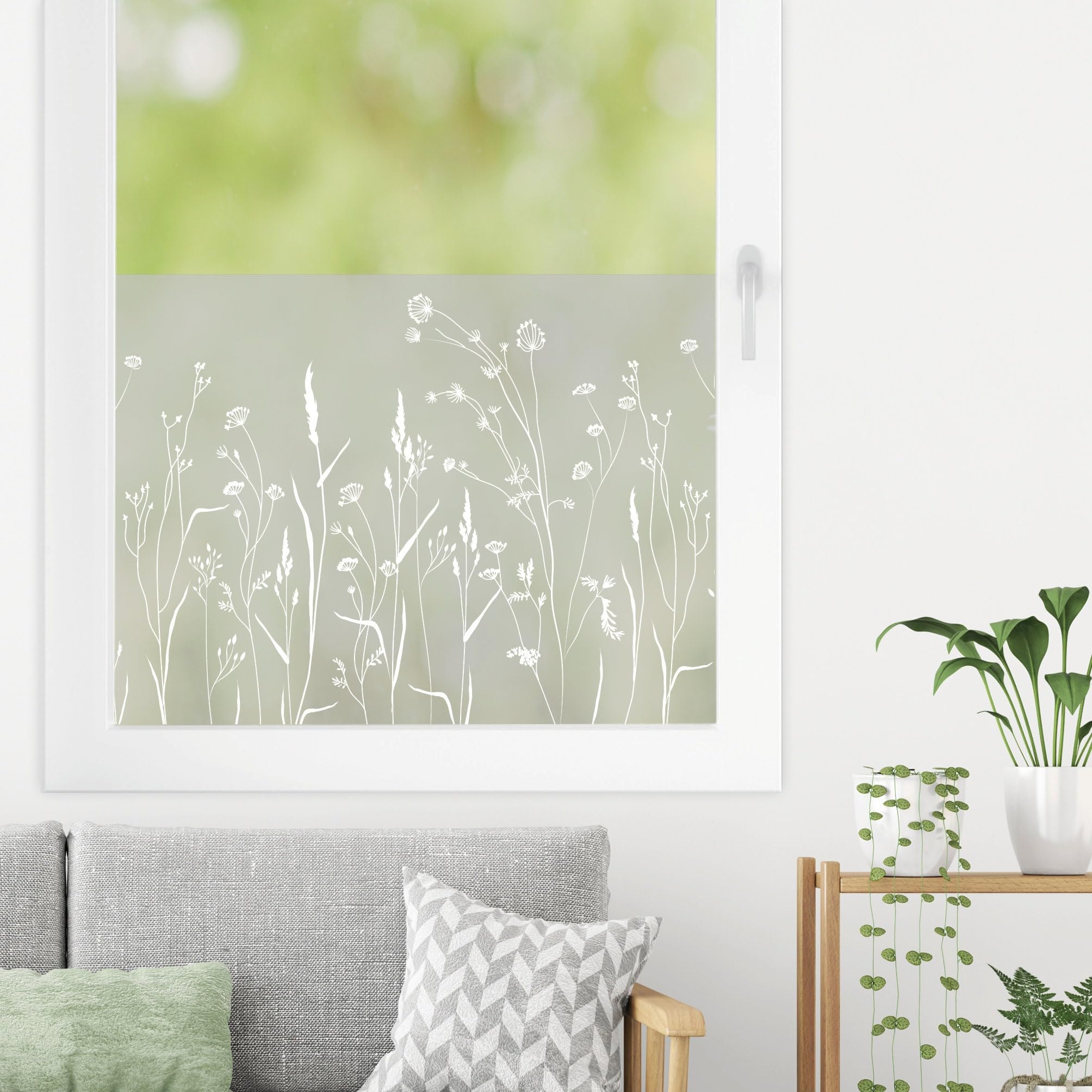 Sichtschutzfolie mit einer wilden Blumenwiese, Fensterfolie Fensterdeko Milchglasfolie, 55 cm hoch, 125 cm breit