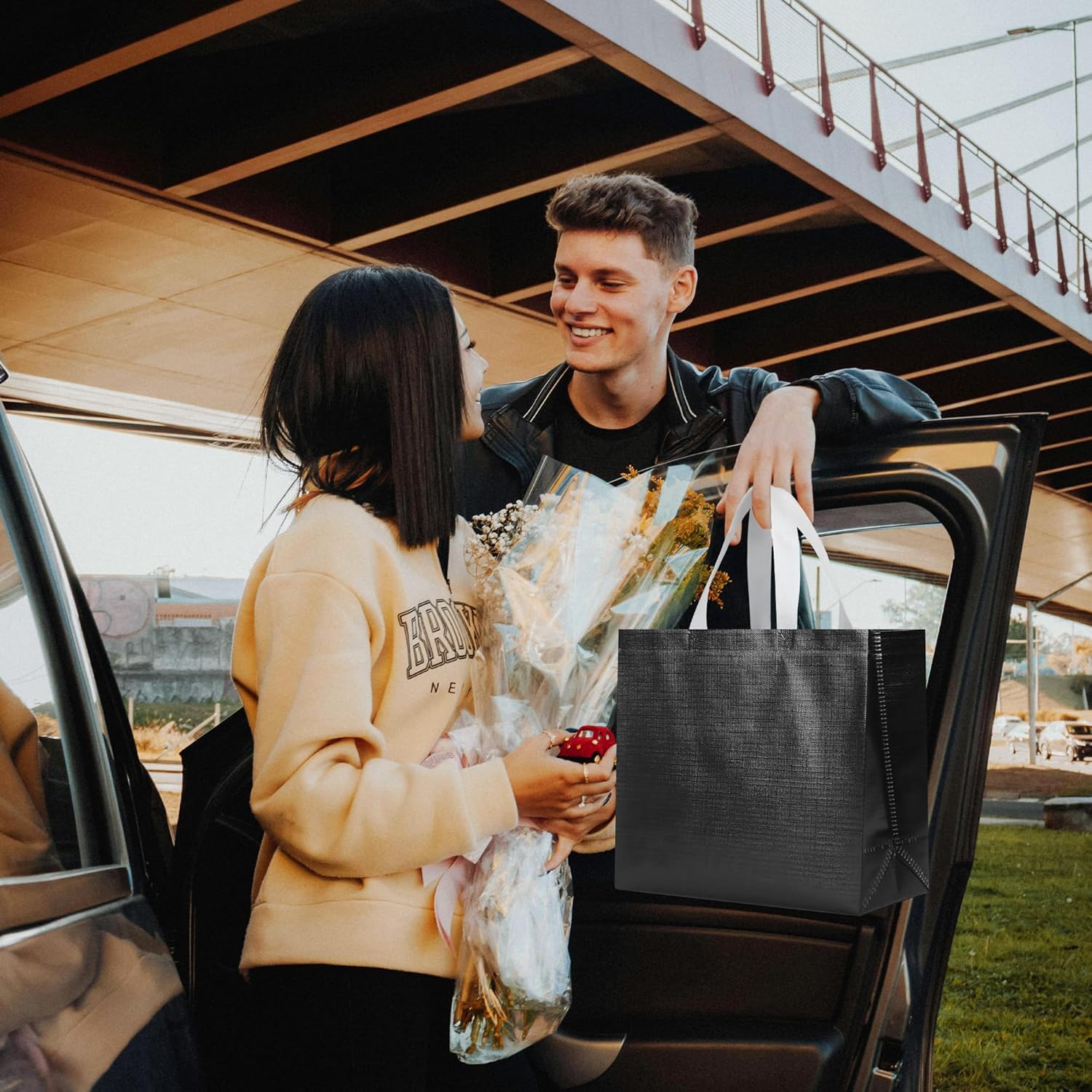 cabzymx 16 Pcs Glossy Black Reusable Gift Bags with Handles & Bases, Metallic Bling Design, Non-woven Holiday Gift Bags Bulk for Birthday, Wedding, Parties, Graduation- 12.6x4.7x11 In - Image 6