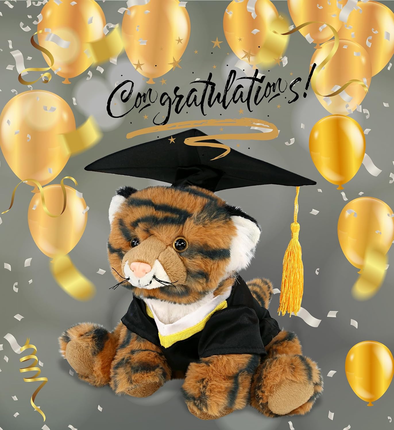 DolliBu Squat Tiger Graduation Plush Toy - Soft Tiger Plush Graduation Stuffed Animal Dress Up with Gown and Cap with Tassel Outfit - Gift with Personalization - 8 Inches
