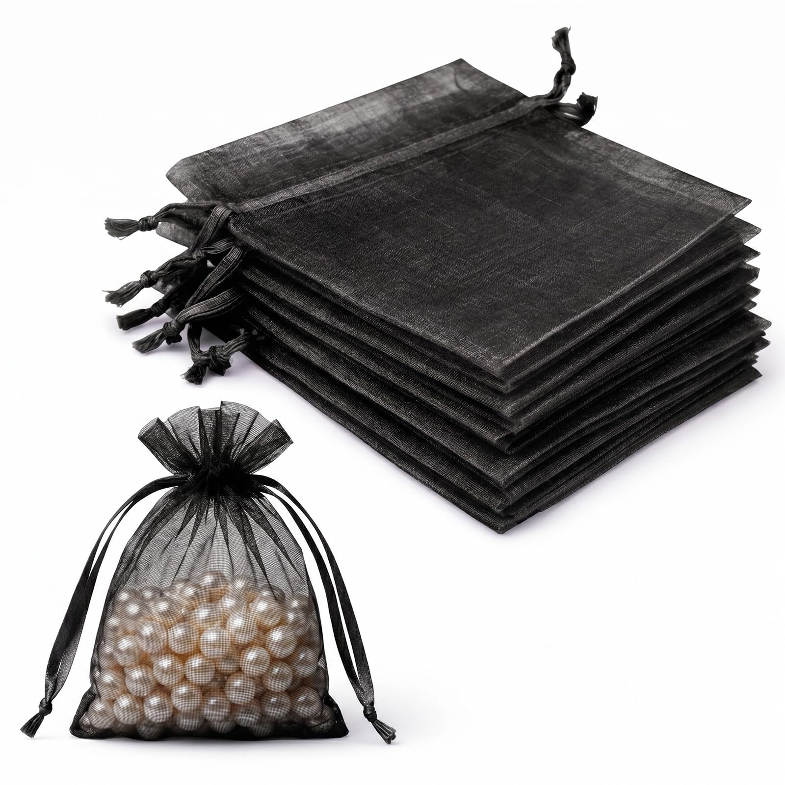Lafefe 20Pcs Organza Gift Pouches, 7x9CM Clear Mesh Drawstring Pouches, Organza Gift Bags for Wedding Favours, Party, Festival, Candy and Game Favour Bags - Black