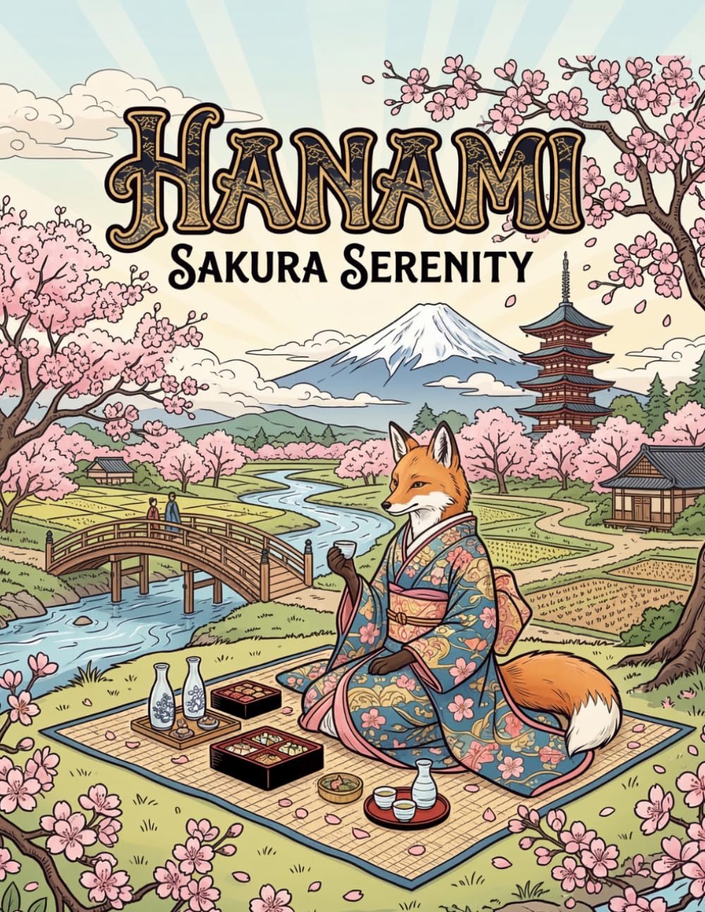 Fox Hanami Coloring Book for Adults: Relaxing Sakura Scenes Inspired by Hokusai Japanese Art: 50 Beautiful Japanese Spring Scenes with Foxes, Sakura Blossoms and Ukiyo-e Inspired Designs