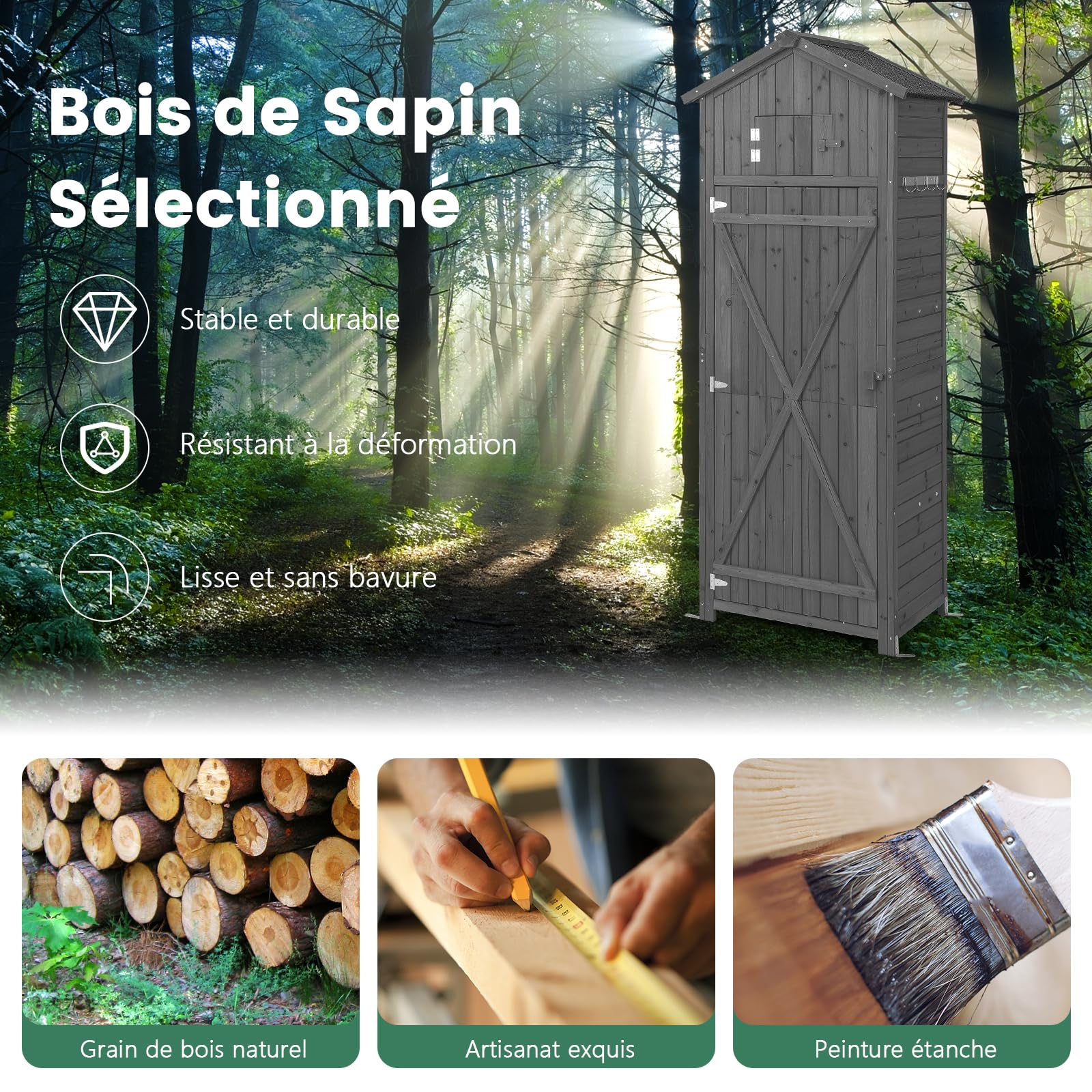 COSTWAY Armoire de Jardin Bois, Abri de Jardin Bois, 3 Étagères Amovibles, Porte avec Loquet, Tablette Pliable, Toit Asphalte, 8 Crochets, Compartiment, Cabanon Jardin Exterieur Bois (Gris)