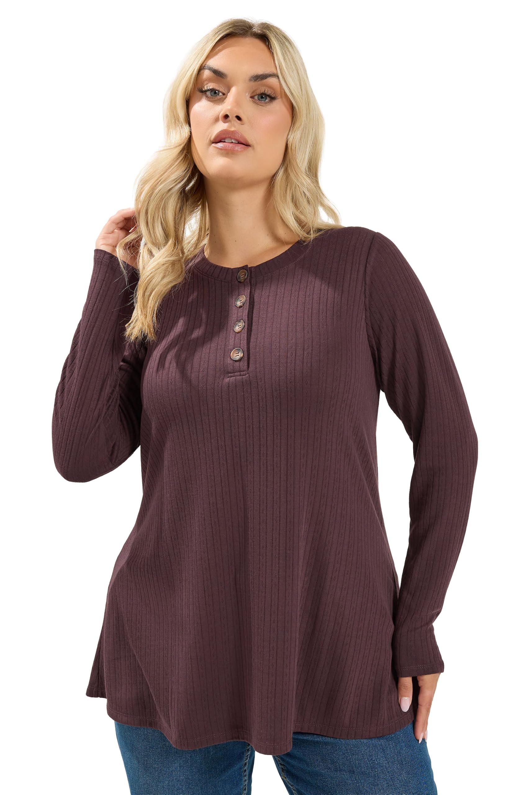 Yours Women's Chocolate Curve Brown Pointelle Henley Top - Plus Size Curve