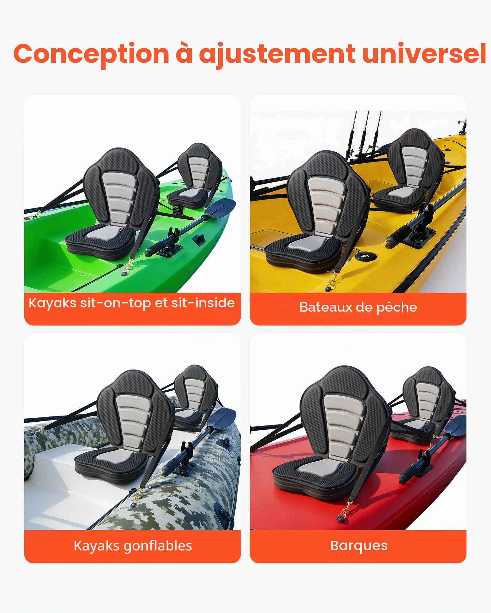 VEVOR Siège de Kayak Universel 2PCs, Dosseret SUP 53 mm d'Épaisseur, pour Planche à Pagaie Paddle Kayak Gonflable, avec Dossier, Coussin Rembourré Souple, Sac de Rangement et Sangles Réglables