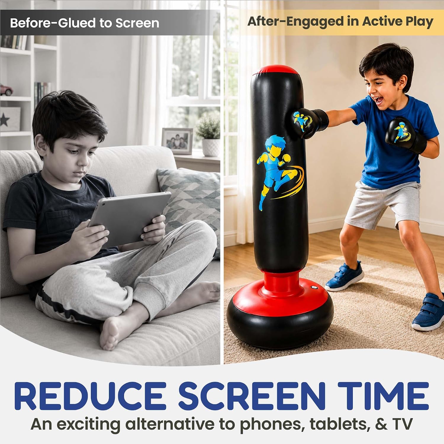 Punching Bag for Kids with Boxing Gloves, 66 Inch Larger Stable Kids Inflatable Boxing Bag Set, Punching Bag for Boys & Girls Gift,Stable Boxing Set for Practicing Karate
