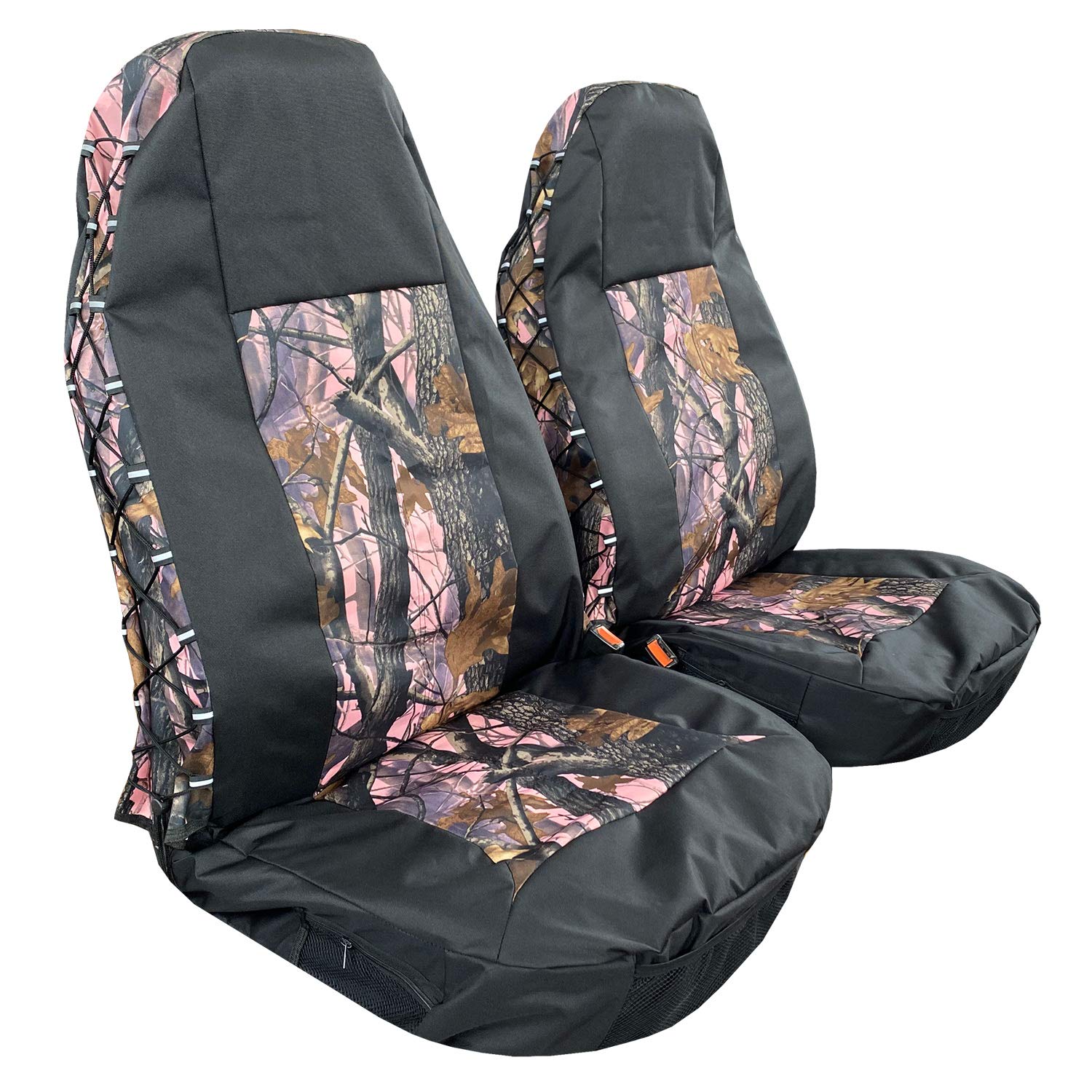 CAMERRI Camo Seat Covers for Trucks Chevy Silverado, Ford F150, Dodge Ram 1500, Toyota Tacoma, Jeep Wrangler, Canvas Car Organizer-Pink Black 2PCS