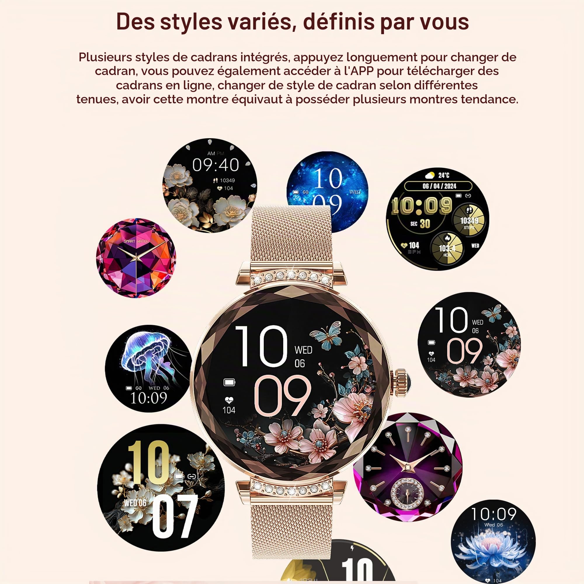 Montres Connectées Femme avec Tension Artérielle/Réponse aux Appels/Rythme Cardiaque/Pas/Sommeil/Multisports/Étanche IP68, Tracker Fitness 1,19" pour iOS Android (Argent avec Diamants)