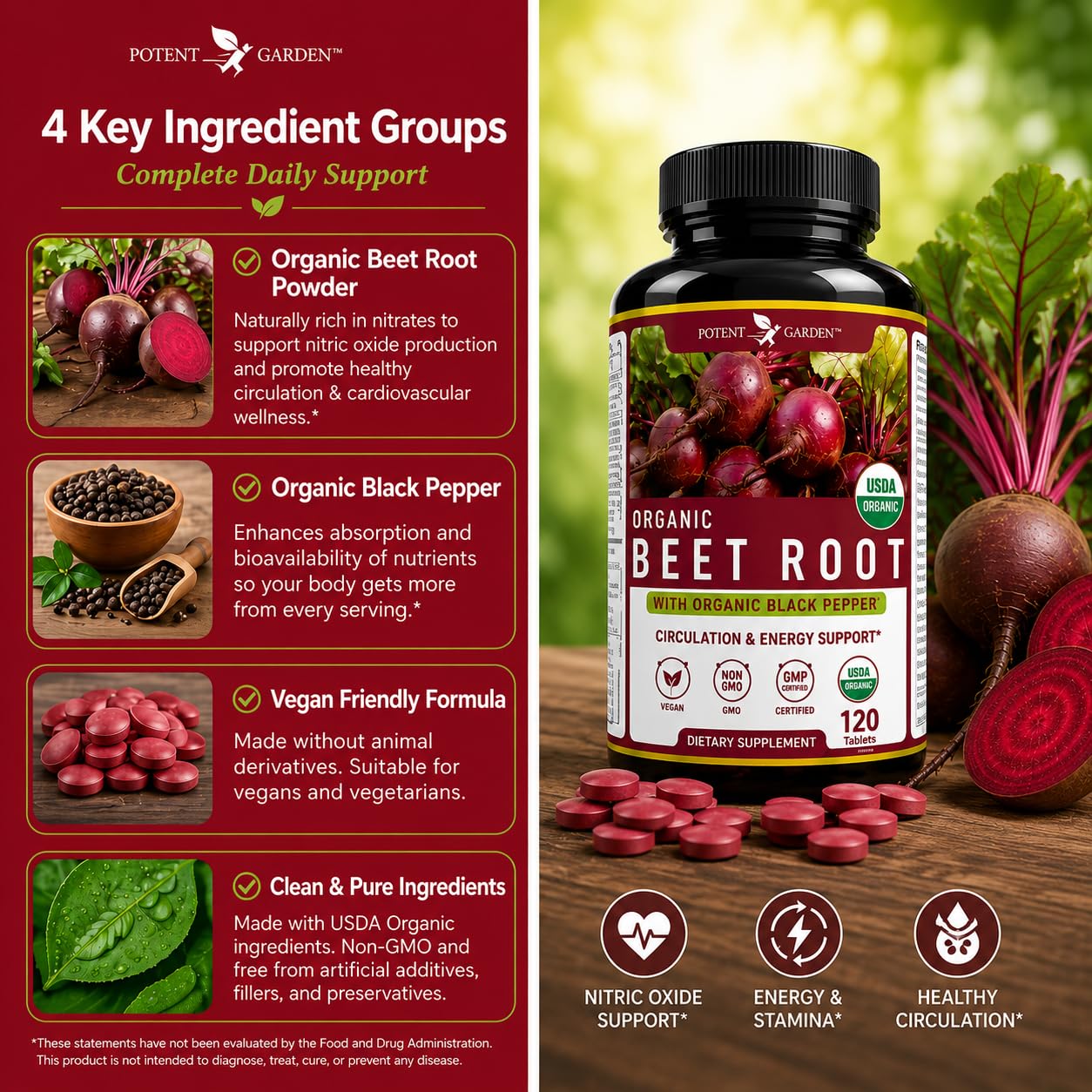 Potent Garden Organic Beet Root Tablets 1350 mg with Black Pepper – Nitric Oxide Support Supplement for Circulation & Energy – Vegan, Non-GMO Beetroot Capsules Alternative – 120 Tablets — Amazon image 6