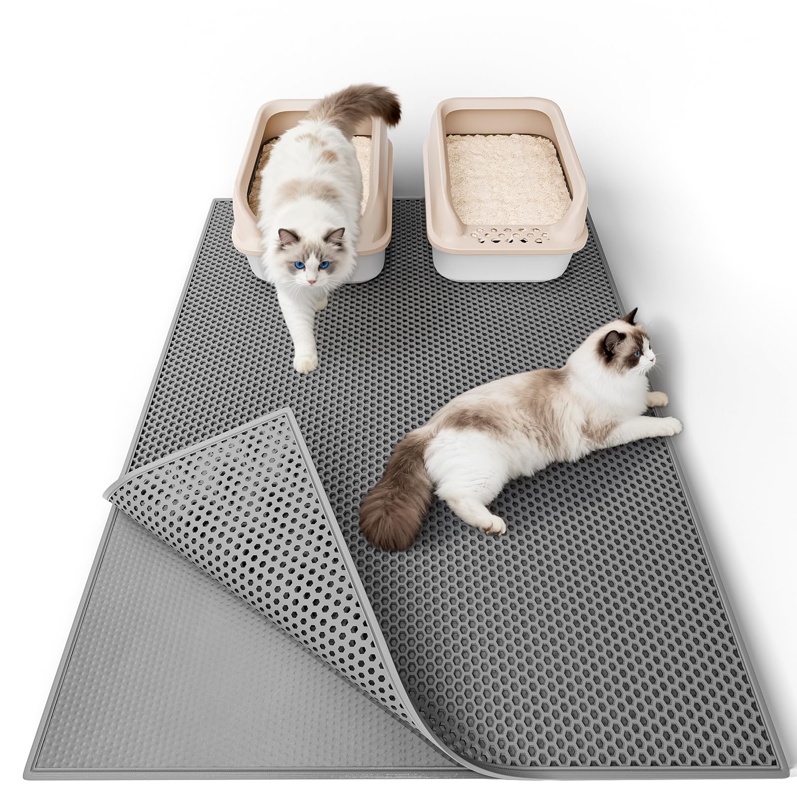 Cat Litter Mat, 90 X 76 cm EVA Litter Trapping Mat, Double Layer Honeycomb Holes Design, Grey, 1 Side Connected