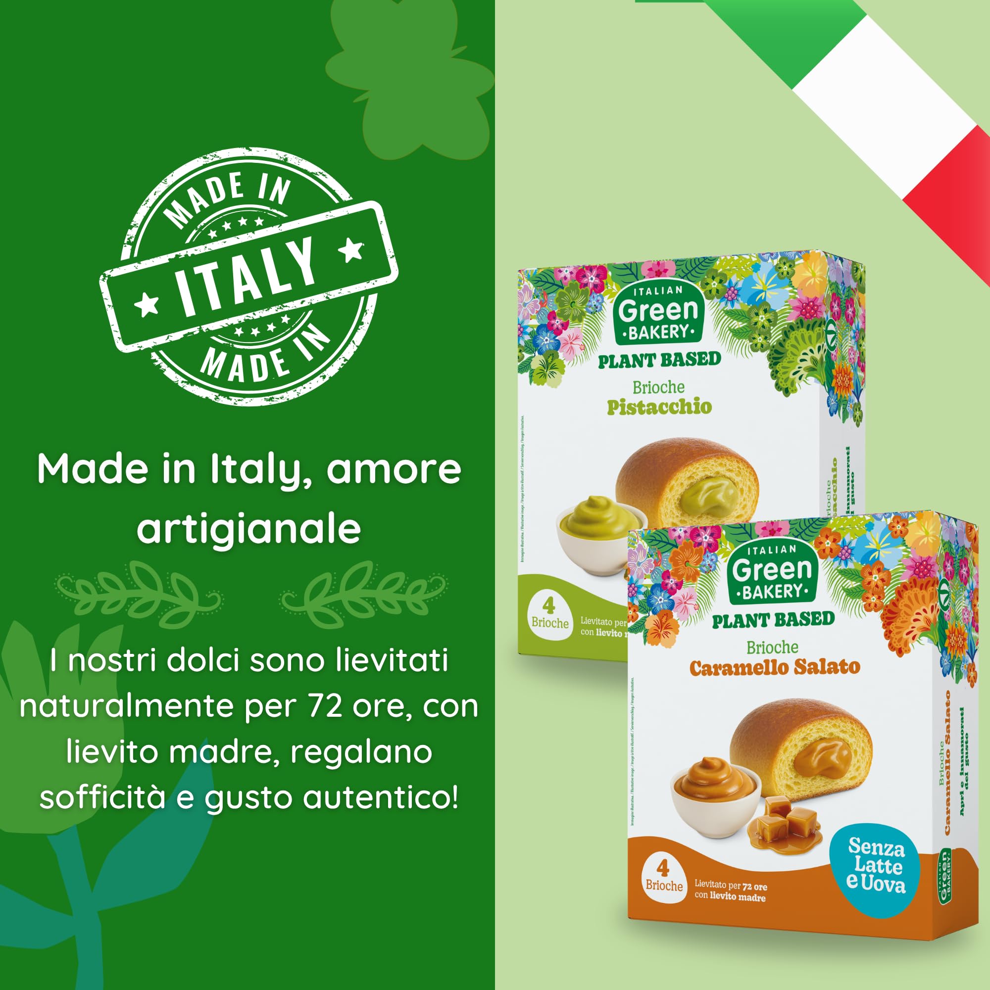 Brioche Vegane 2 Gusti con Crema al Pistacchio e Caramello Salato, Senza Lattosio, Latte e Uova, Merendine Artigianali Plant Based con Lievito Madre, 45gr x 24pz. (6 Confezioni) - Vegan With Love