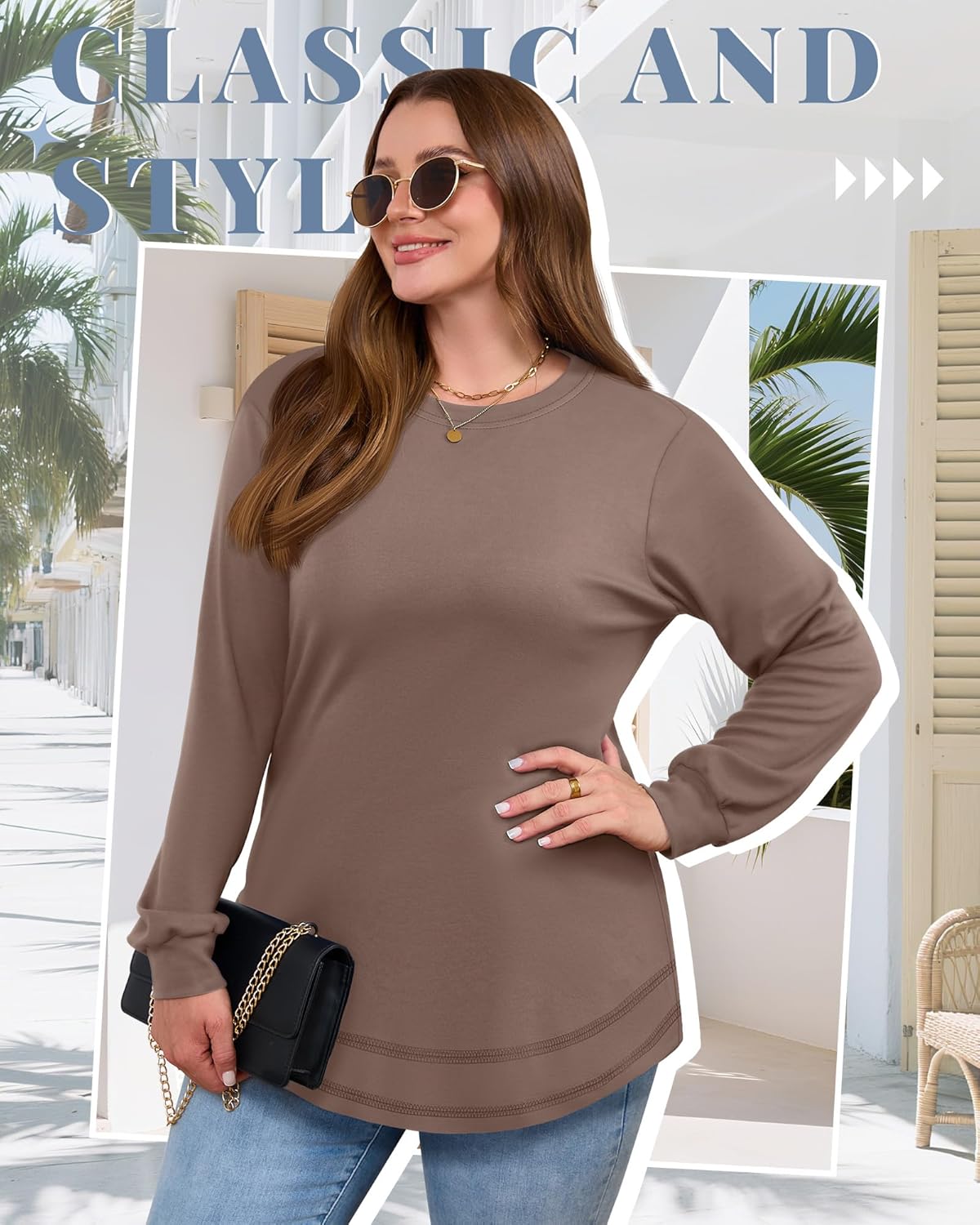 3 Pack Women's Plus Size Sweatshirts, Long Sleeve Cotton Tees Crew Neck Pullover Shirts Tunic Curved Hem T-Shirts - Image 2