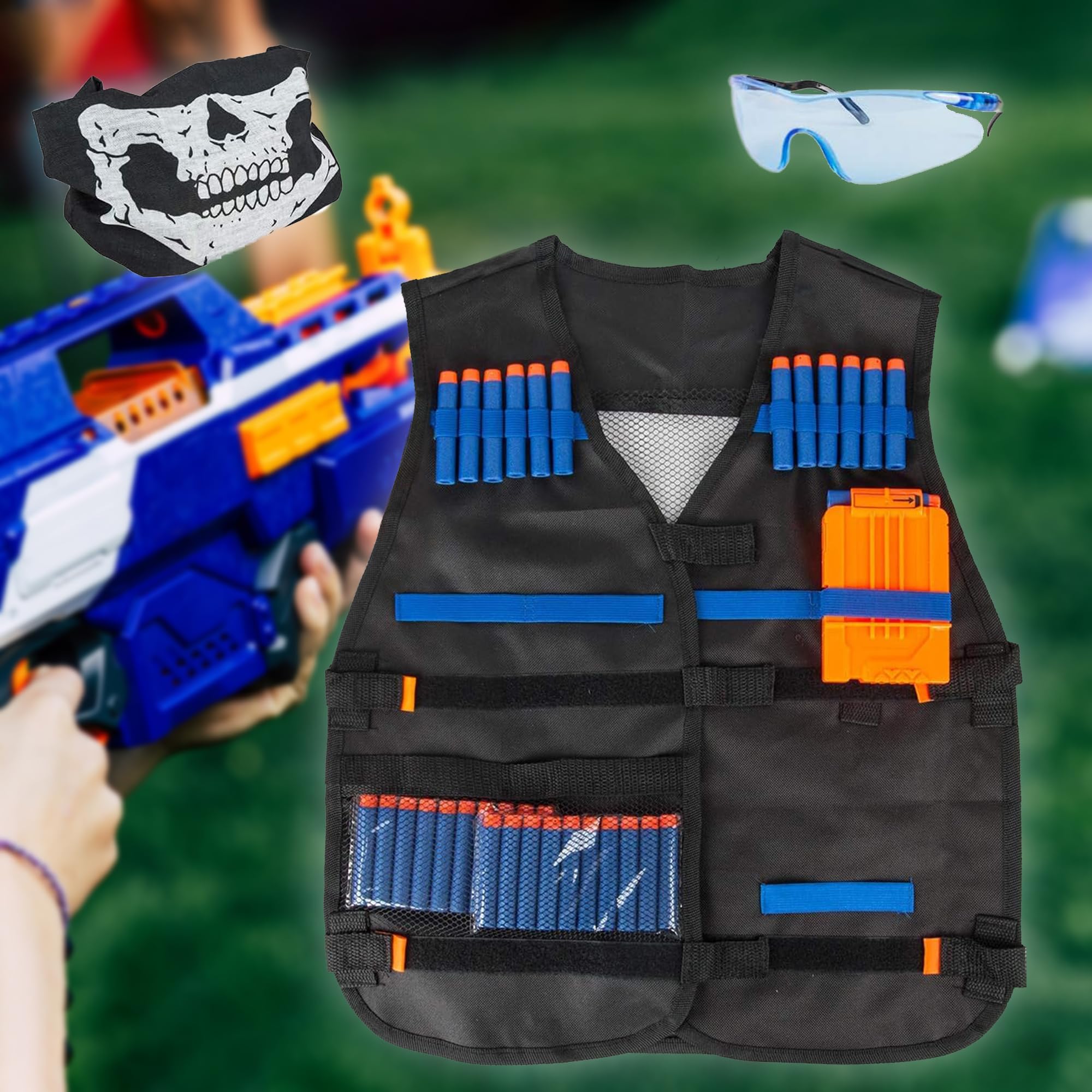 Kit Completo de 45Pcs para Strike Elite – Chaleco Táctico Ajustable para Niños + 40 Dardos, Máscara Protección, Gafas Seguridad, Cargador Rápido y Muñequera – Compatible pistolas N.E.R.F