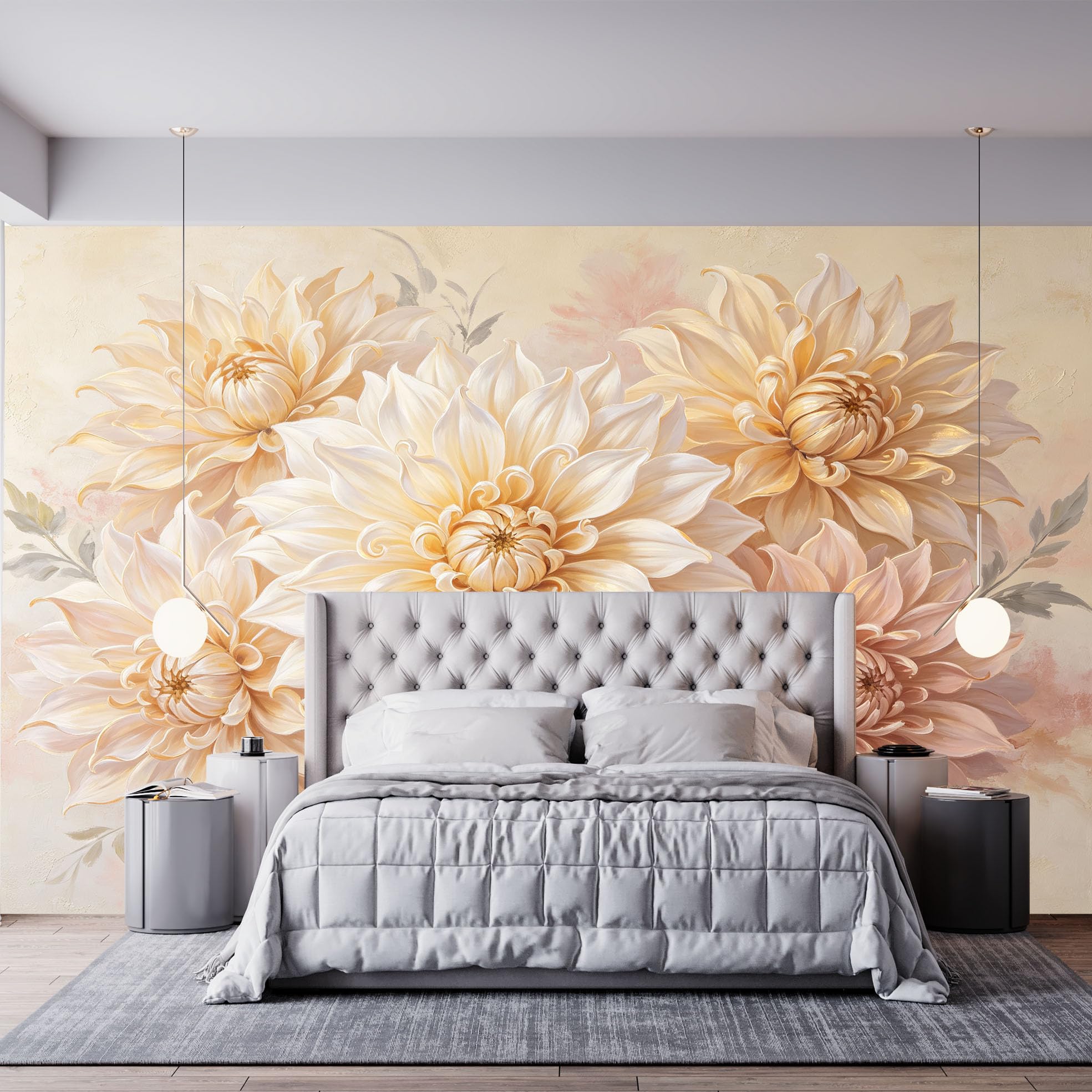 Elegancka botaniczna tapeta ścienna, duży format, kwiatowa, tapeta na fizelinie, nowoczesna, klasyczna, kwitnące kwiaty, 250 x 175 cm, kremowa, beżowa, akcentująca dekoracja ścienna do salonu