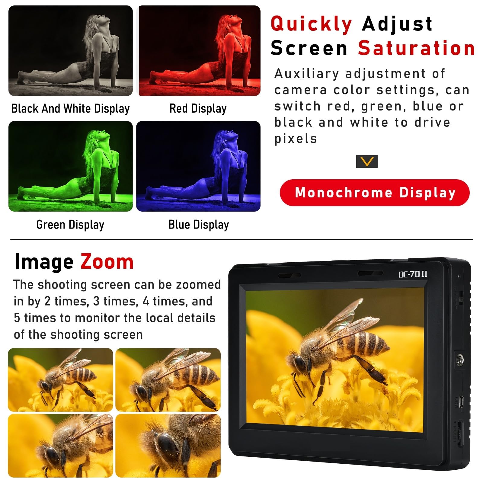 Kamera z ekranem, DC-70 II 7 calowy Monitor 4K na aparacie DSLR terenowy kamera HD wideo ekran wyświetlacza 1024 * 600 IPS dla kamery