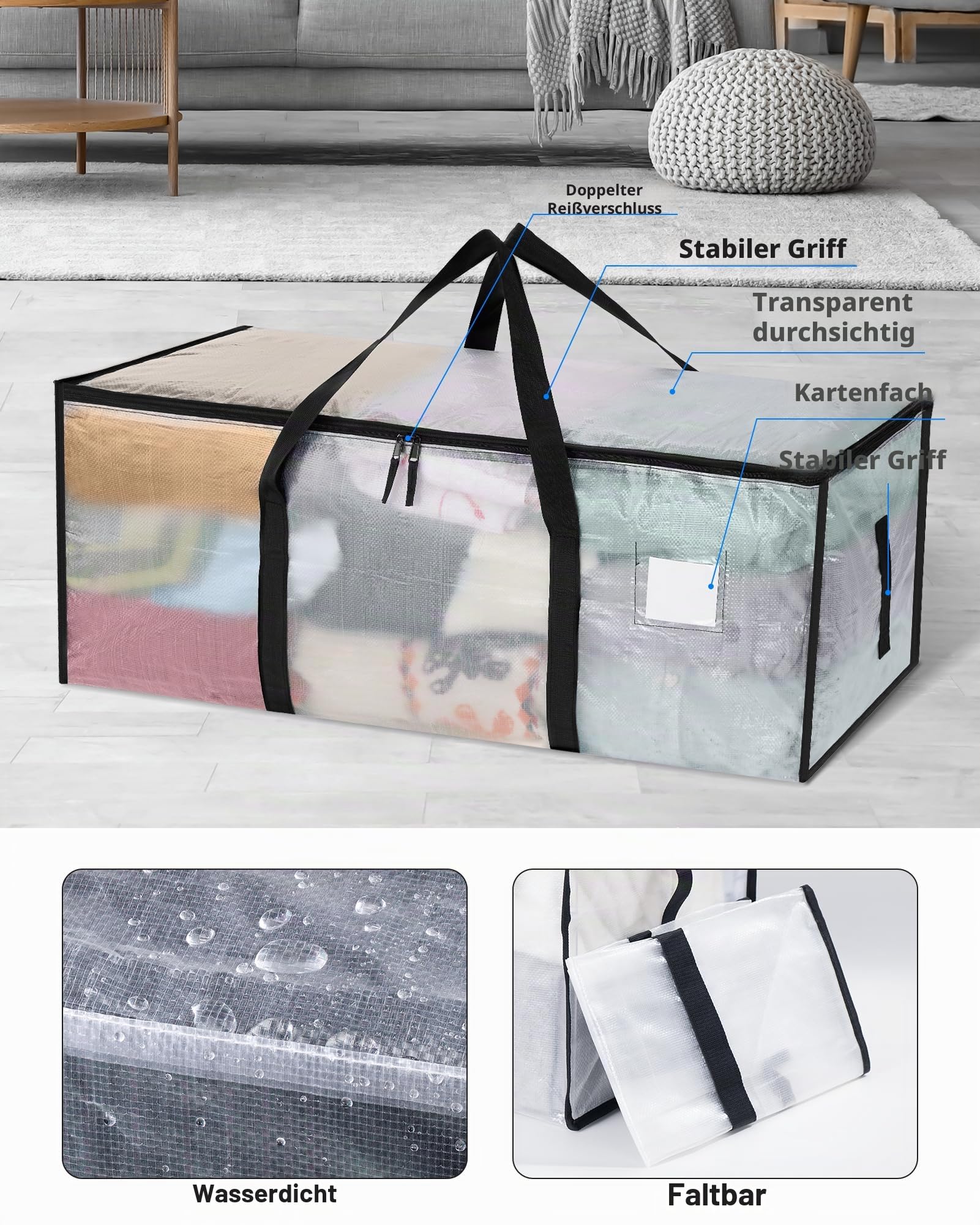 JOJOSEE 6 Stück 120L Aufbewahrungstasche, Große Transparente Umzugstaschen mit Reißverschluss Griff Faltbare Kleideraufbewahrung Umzugskartons Umzug Camping Bettwäsche Aufbewahrung Wiederverwendbar