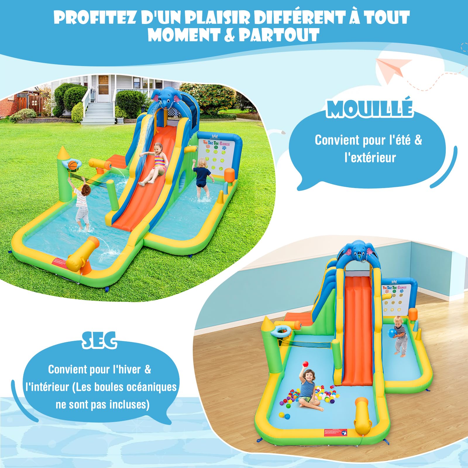 GOPLUS Château Gonflable Enfants Géant,Piscine,Mur d'escalade, Canons à Eau Basket-Ball Volley-Ball, pour Intérieur Extérieur Charge 45+45KG pour Enfants 3-10 Ans (Elephant, sans Souffleur)