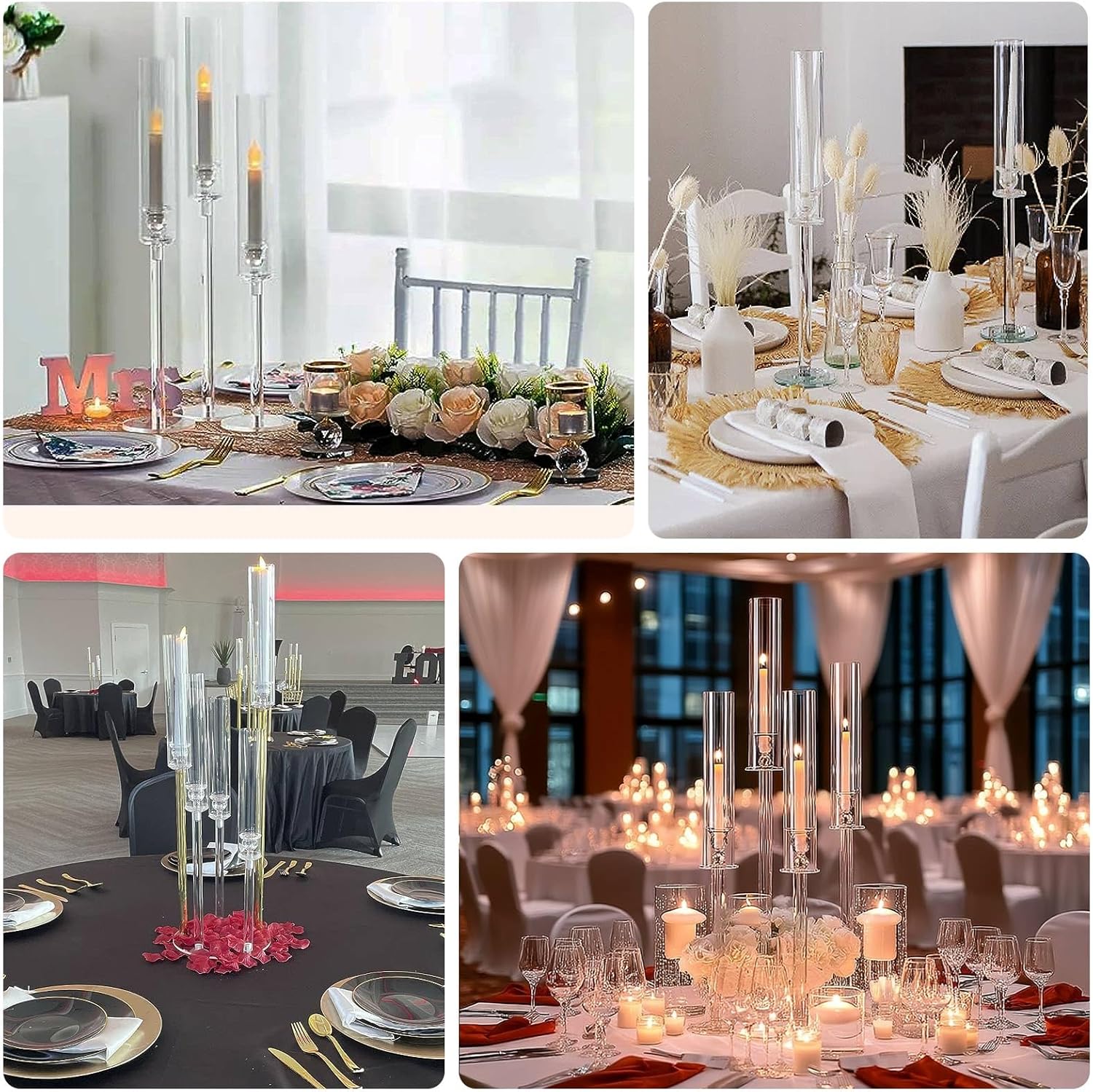 Efavormart Set of 4 Crystal Glass Hurricane Taper Candle Holders, Clear Cylinder Chimney Tubes - Decorative Tall Candle Stands 29", 33", 37", 41"