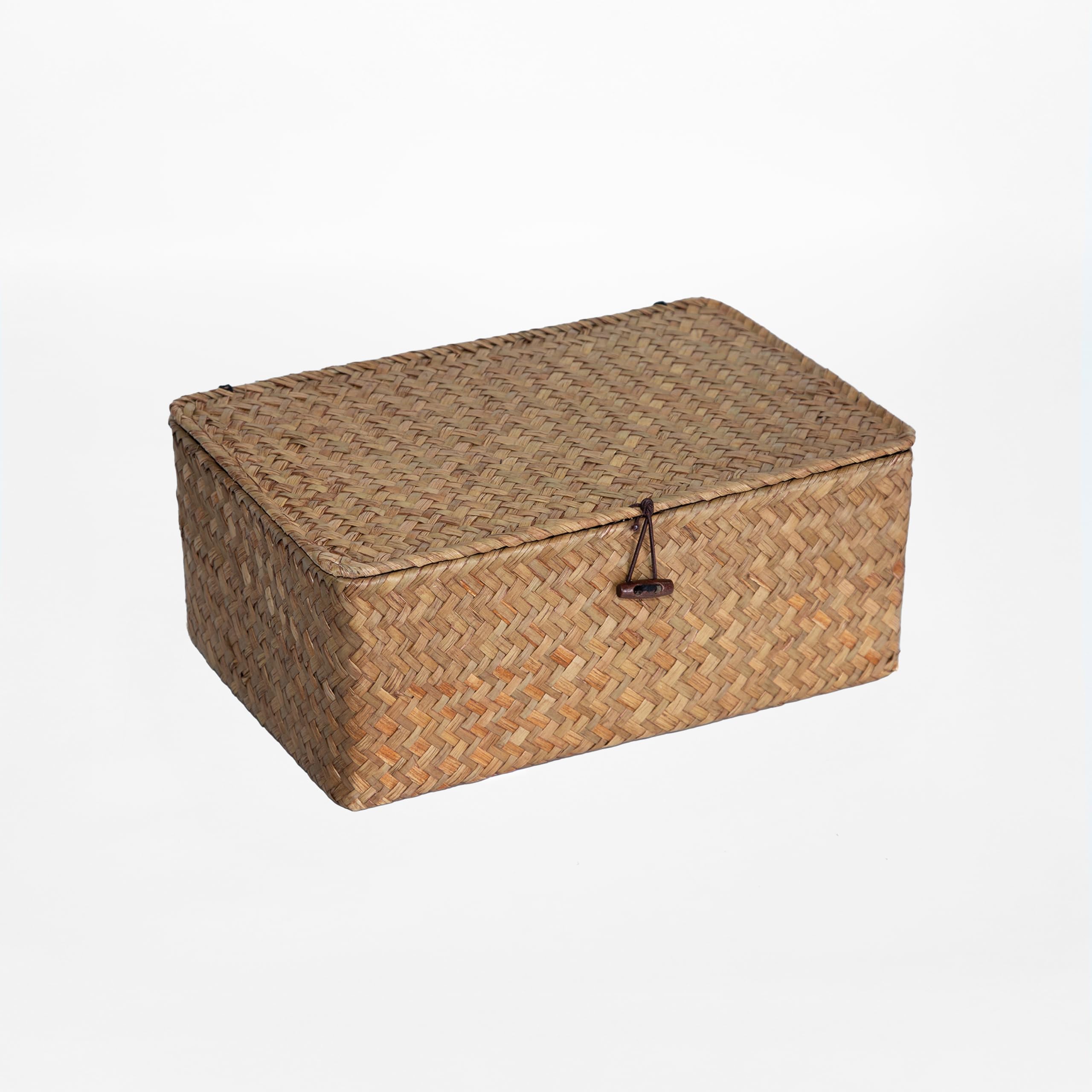 Wickerfield Brown Seagrass Storage Basket Box With Lid, Wicker Decorative Storage Boxes With Lids, Handwoven Wicker Storage Basket With Lid, Woven Rattan Hamper Box Home Organizer For Shelves (Medium)
