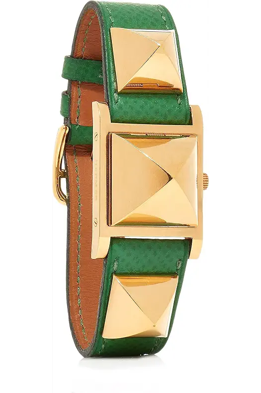 Hermès Pre-Loved Gold & Green Courchevel Medor Watch,...