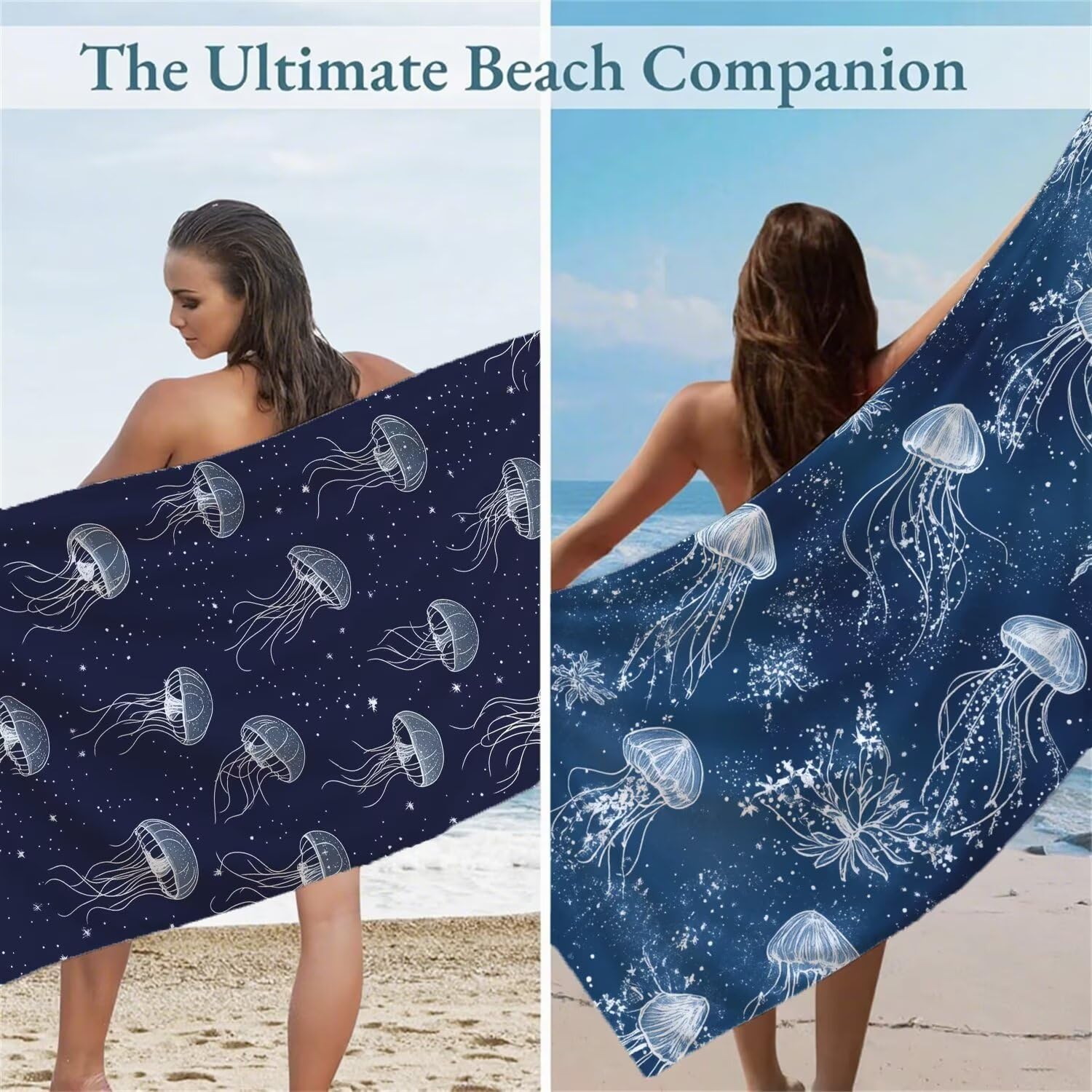 Bleu Serviette de Plage 100x200cm Lot de 2, Méduse Serviette Microfibre Ultra Absorbantes Séchage Rapide Anti Sable Léger Transport Compacte Drap de Plage pour Piscine Voyages Femme et Homme, Model579