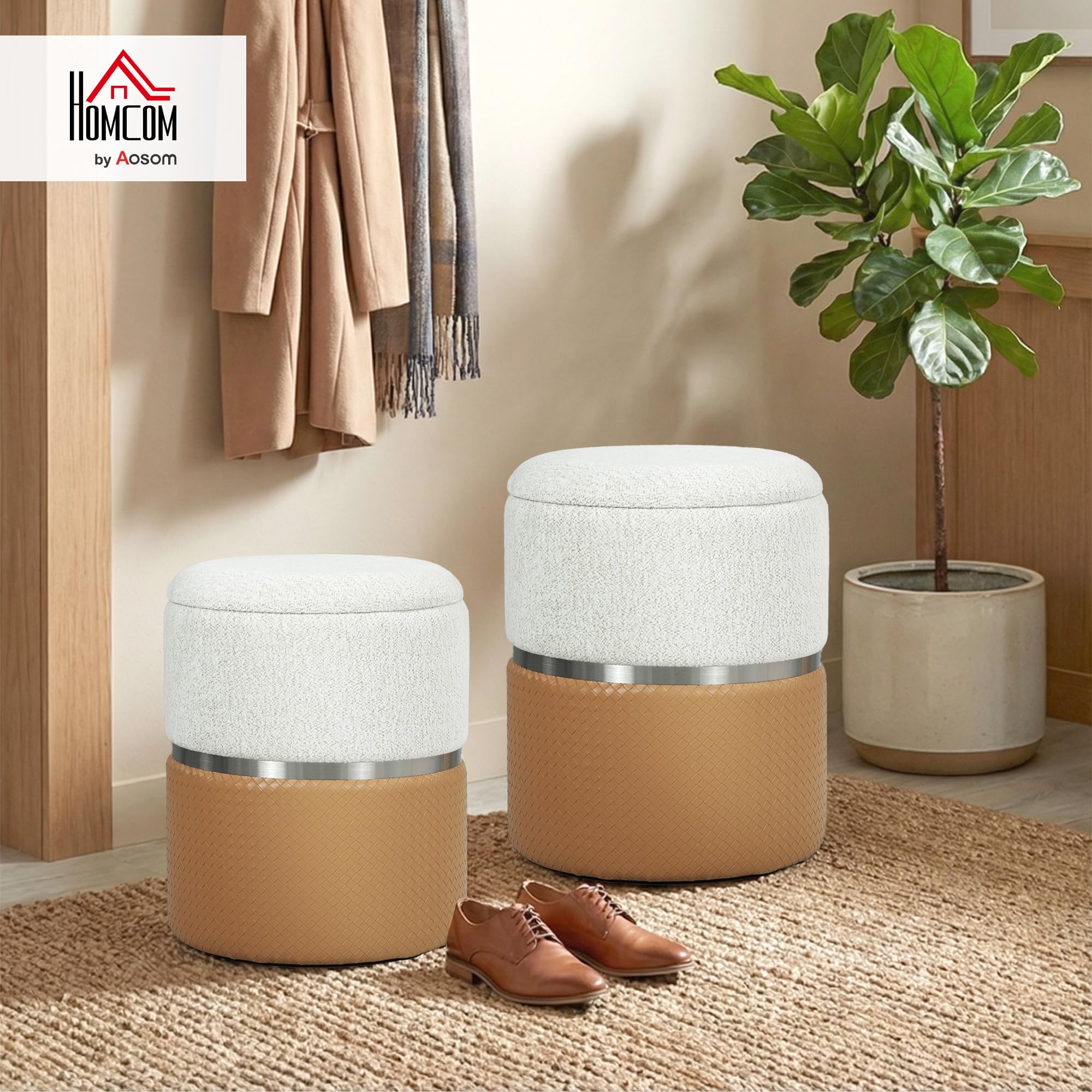 HOMCOM Lot de 2 poufs de Rangement rembourrés, Marron et crème