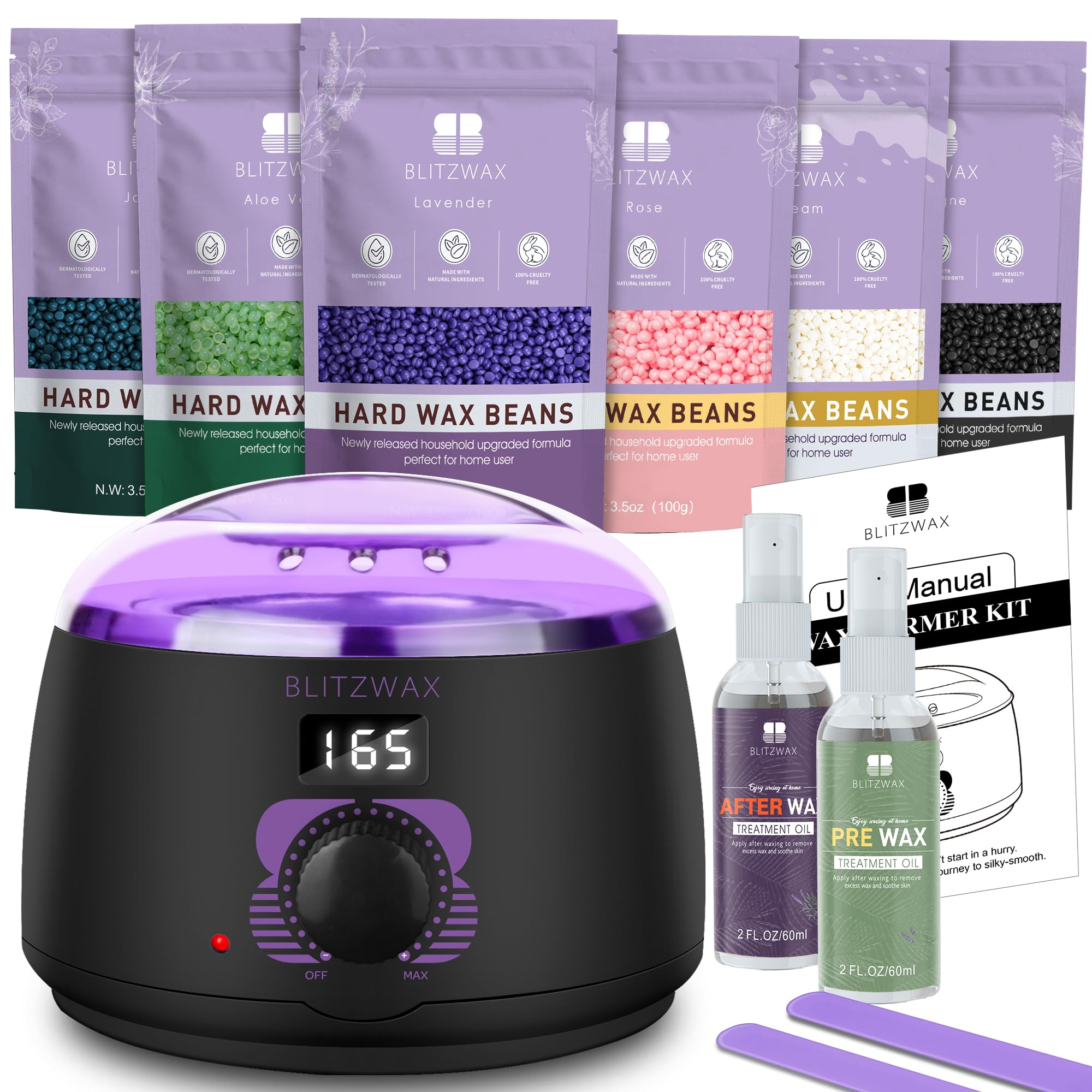 BLITZWAX Wax Hair Removal Kit for Women Men Waxing Warmer for Sensitive Skin, Brazilian, Facial, Body and Eyebrow Digital Wax Machine with 6 Wax Beads for Home/Salon/Beginners