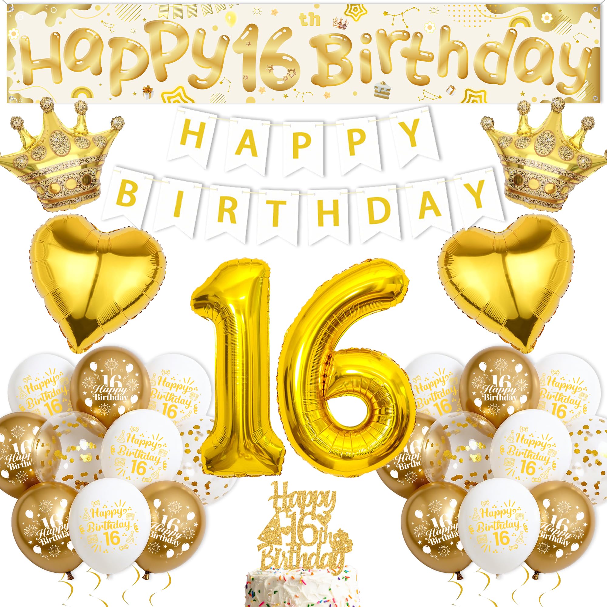16th Birthday Decorations Balloon Set - White Gold Happy Birthday Banners Kit with Cake Topper, Number 16 Balloon and Yard Banner for Boys Girls 16 Years Old Birthday Party Supplies