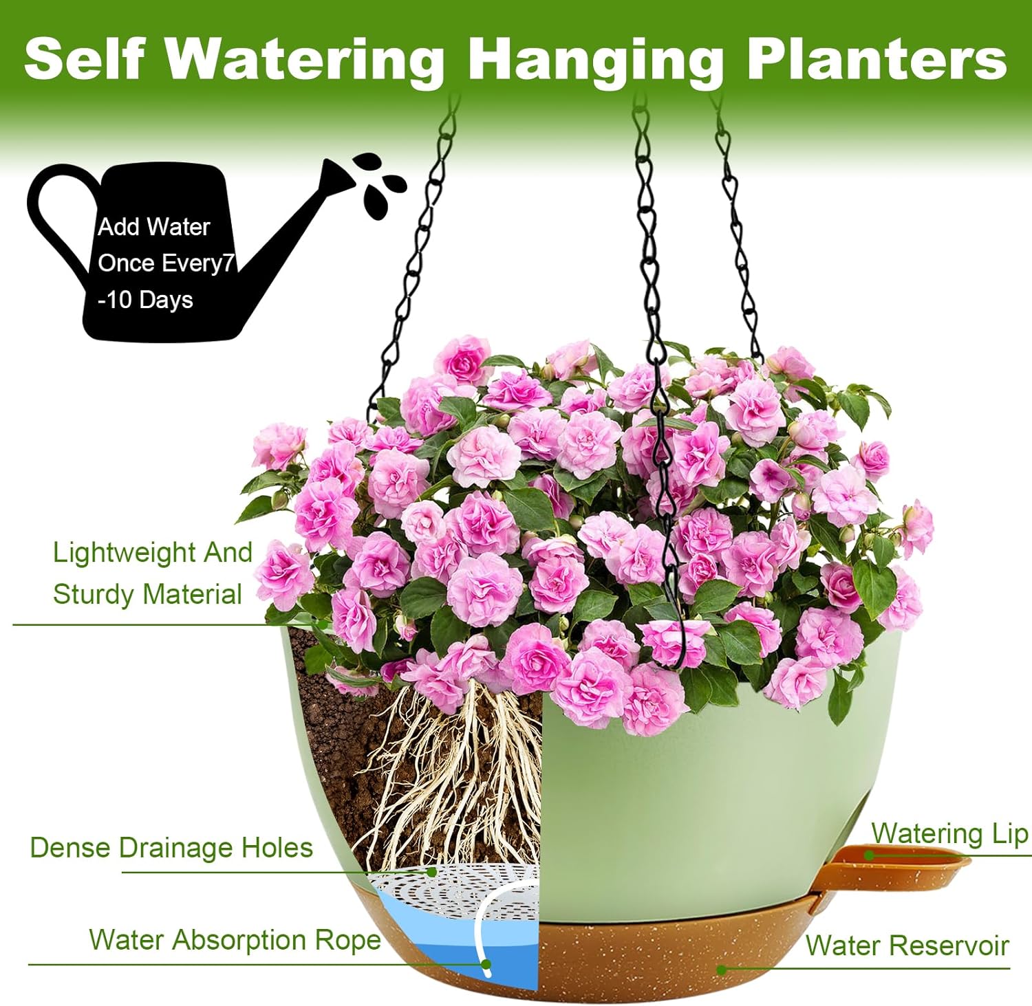 12 inch Hanging Planters for Indoor Plants, 2 Pack Self-Watering Hanging Planter Pots with Chain and Drainage Holes, Outdoor Plastic Hanging Baskets for Garden Home Decor