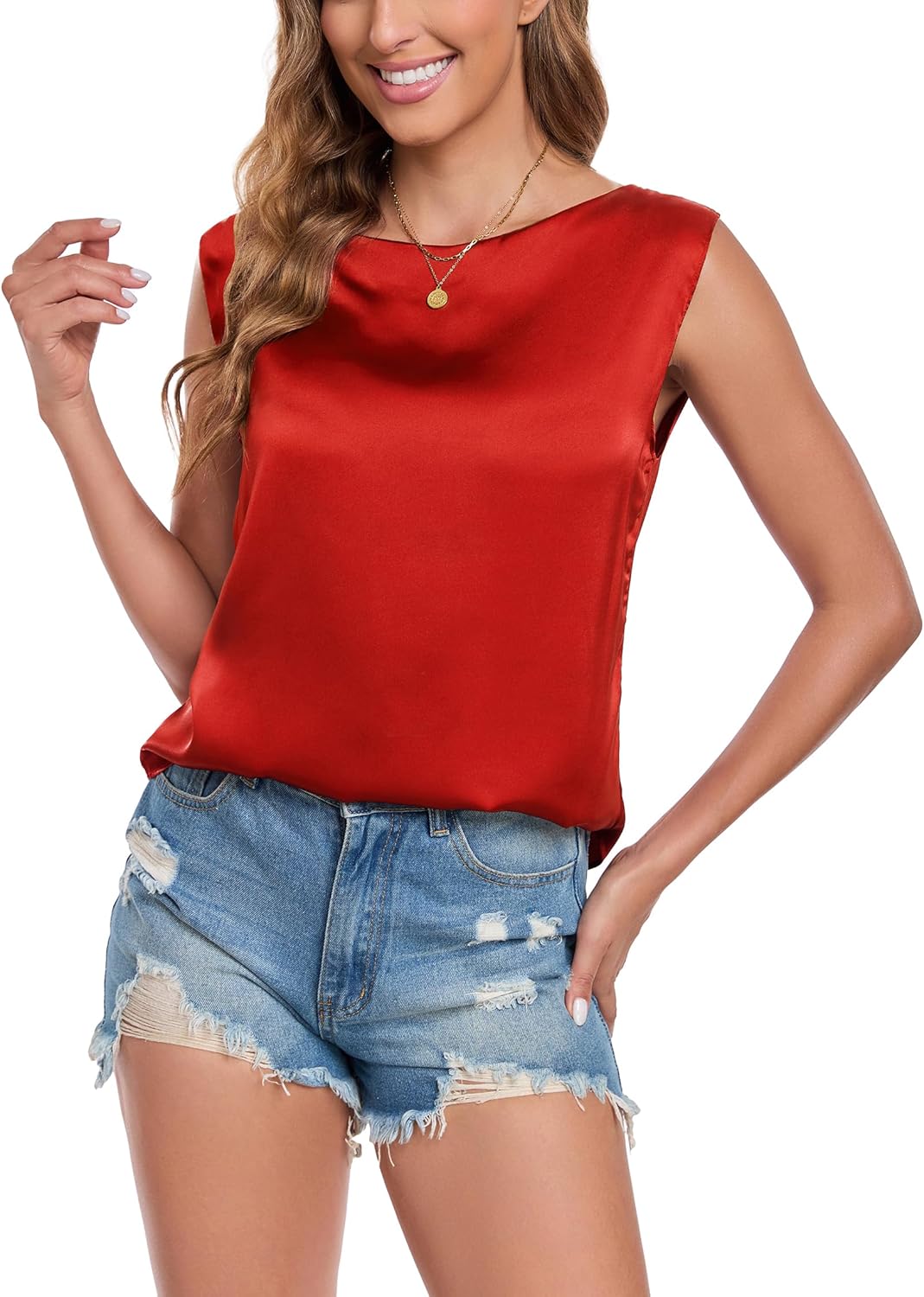 Wantschun Women's Summer Fall Silk Satin Shirt Sleeveless Blouse Boat Neck Basic Casual Tank Top Shell Top - Image 6