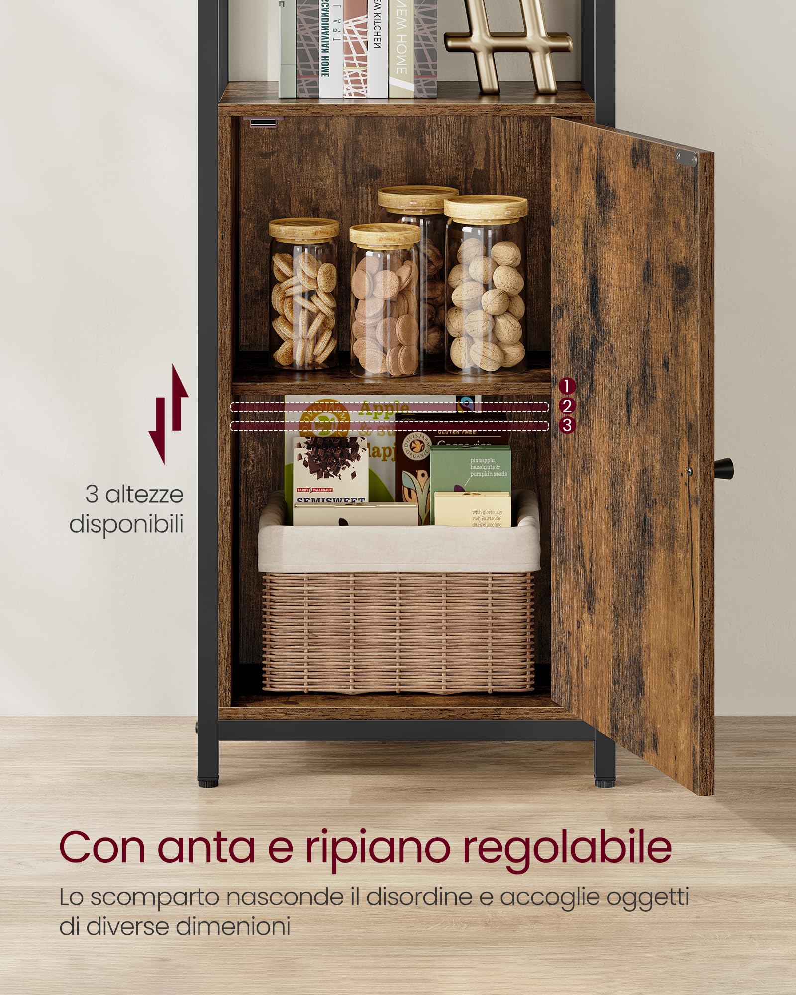 VASAGLE Libreria Scaffale a 6 Ripiani, Libreria Verticale con Anta, Struttura in Metallo, Ripiani Regolabili, 24 x 40 x 159,5 cm, Salotto Camera da Letto, Marrone Vintage e Nero Inchiostro LLS132K01