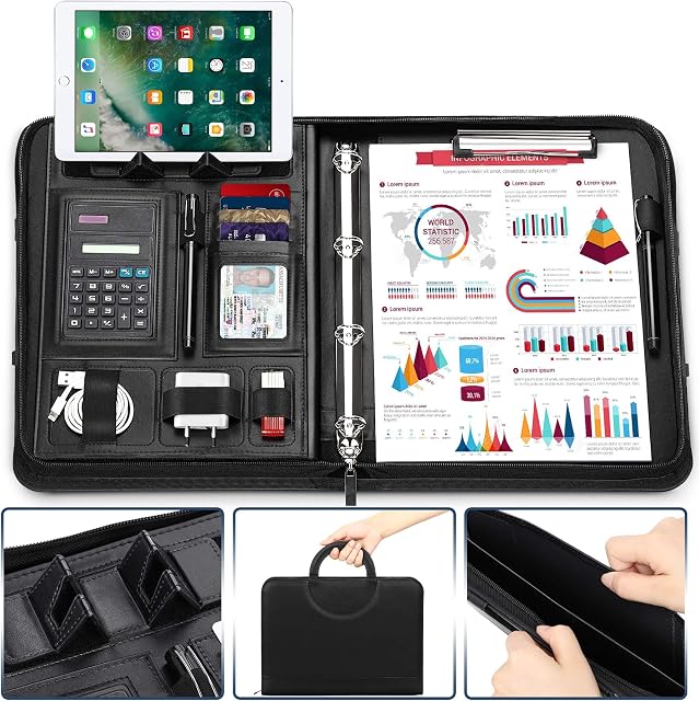 Conference Folder A4 Zipped Magnetic Handle with Phone Stand & 2-Layers Pocket & Elastic Loops. PU Leather Padfolio Portfolio Case Business Ring Binder,Calculator,Clipboard for Interview