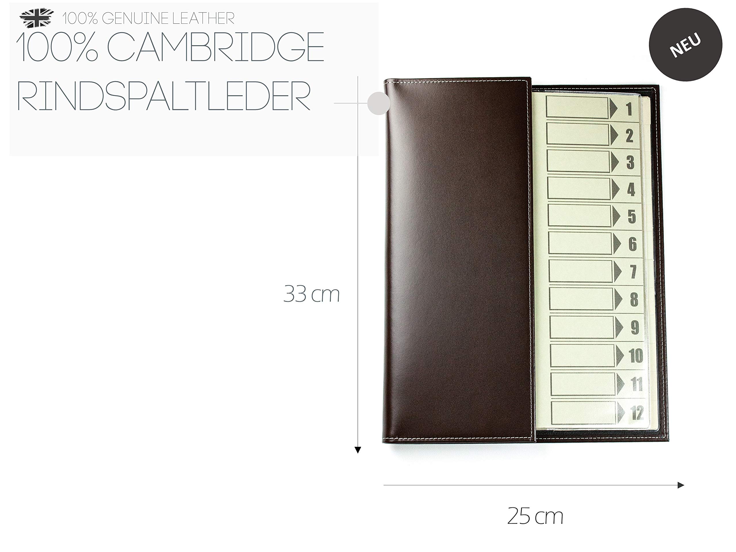DELMON VARONE - Personalisierbare Ordnungsmappe/Pultmappe DIN A4 Cambridge Top Grain Leder braun - Premium Dokumentenmappe Fächermappe mit 12-teiligem Register (12 Fächer) mit Sichtlöcher