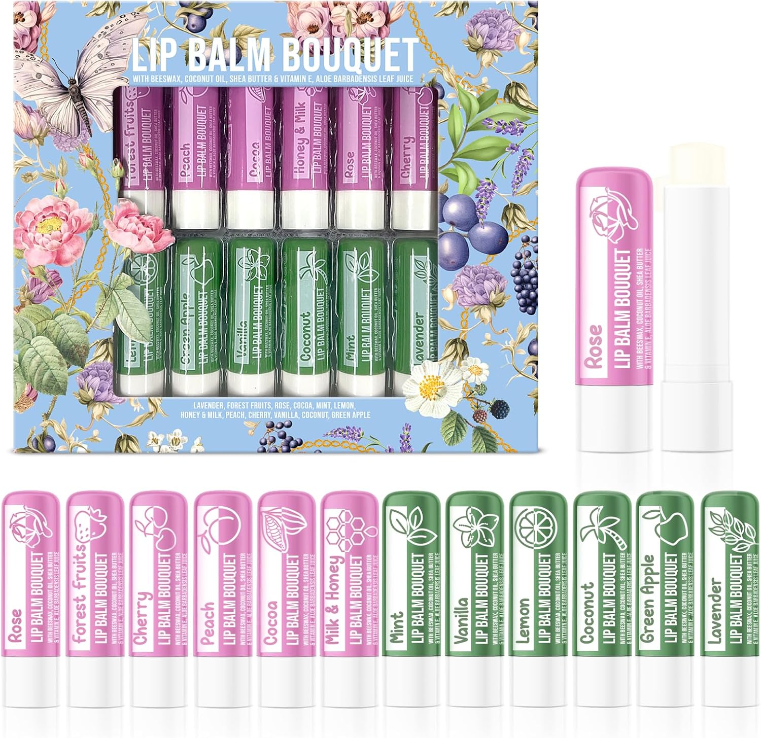Set van 12 Luxe Lippenbalsems Bouquet 12 Verschillende Geuren Unisex Beschermt & Herstelt Hydrateert Verrijkt met Bijenwas, Kokosolie, Sheaboter, Vitamine E & Aloe Vera
