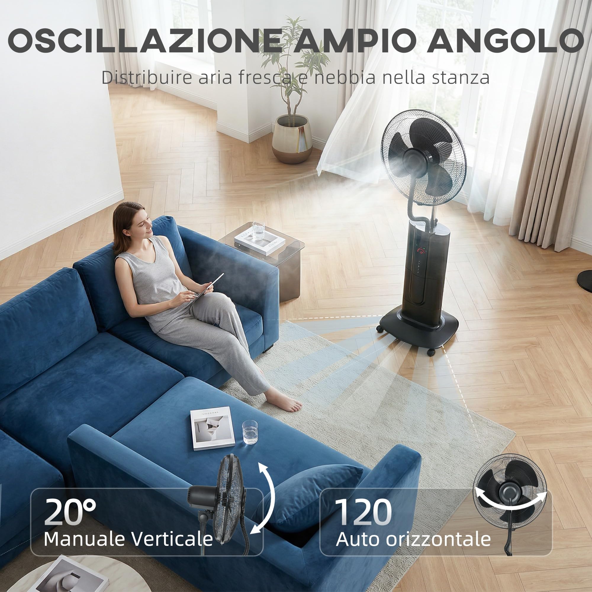HOMCOM Ventilatore Nebulizzatore Serbatoio 1.5L, Ionizzatore, 3 Modalità, 3 Velocità, Ventilatore a Piantana, Ruote, Oscillazione 120° Inclinazione 20°, Timer 9h, Display LED, Telecomando, 100W, 130cm