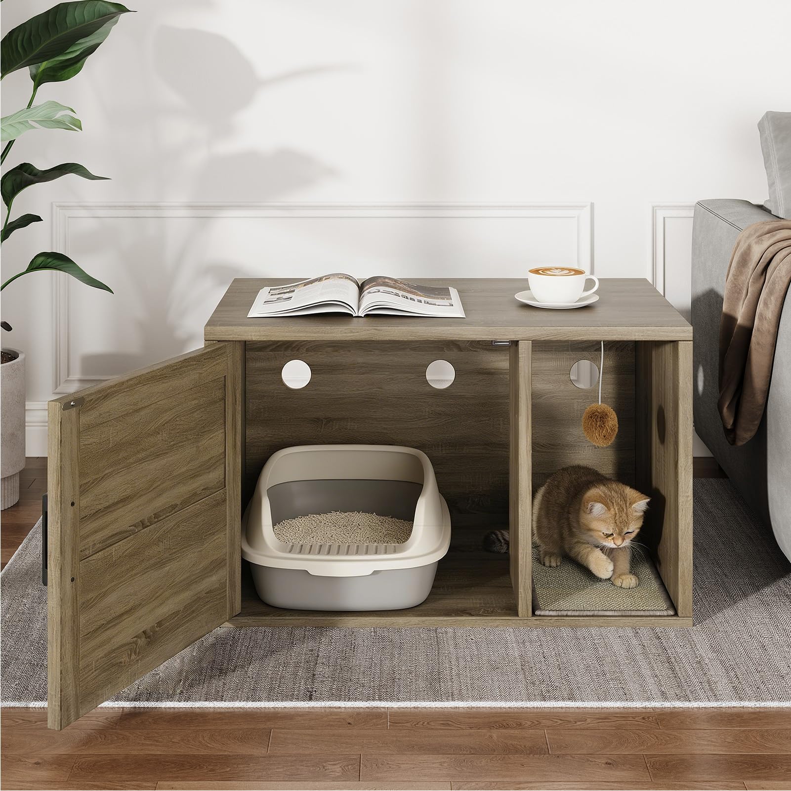 Hidden Cat Litter Box Enclosure with Cat Scratch Pad, Farmhouse Enclosed Cat Cabinet Litter Box Furniture with Bell, 31.5x19.69x19.69 in - image 2