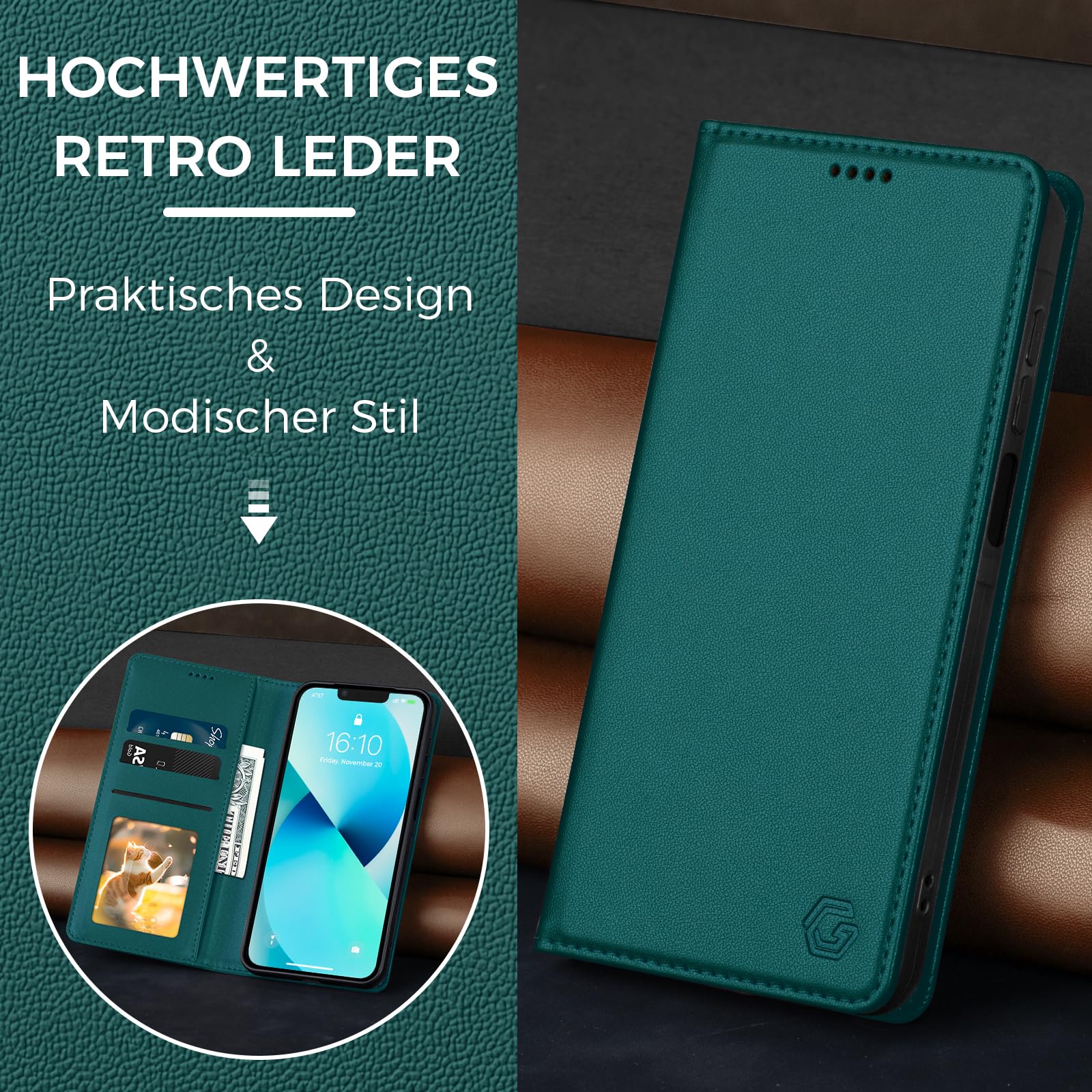 Etui na telefon komórkowy iPhone 13, przegródka na karty premium, skóra PU, etui z klapką, funkcja stojaka, etui z klapką do iPhone 13 - zielone